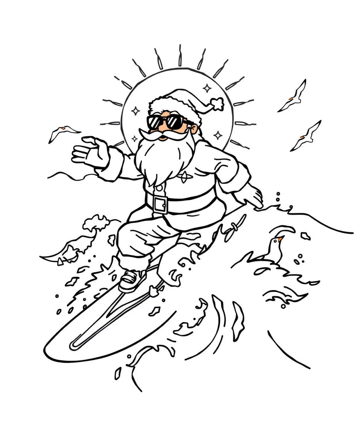 Surfing Santa Coloring Page