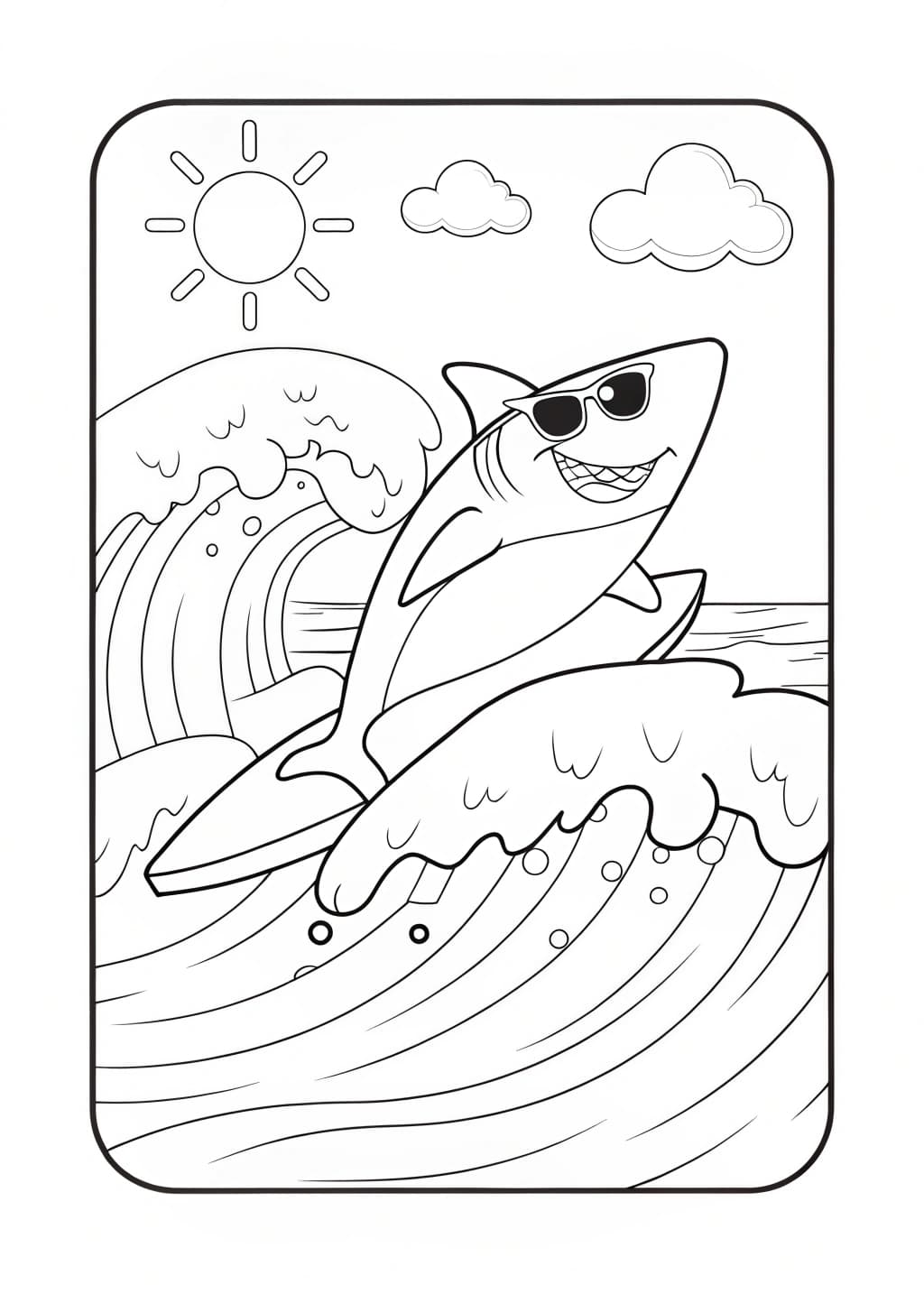 Surfing Shark Adventure Coloring Page