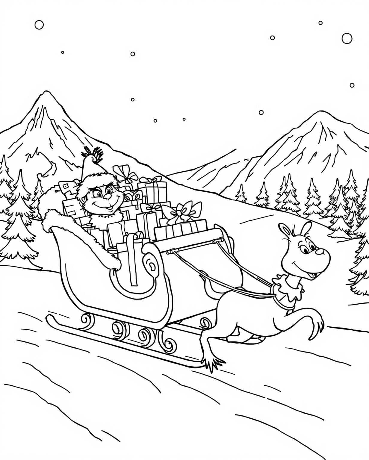 The Grinch and Max on a Sleigh Coloring Page
