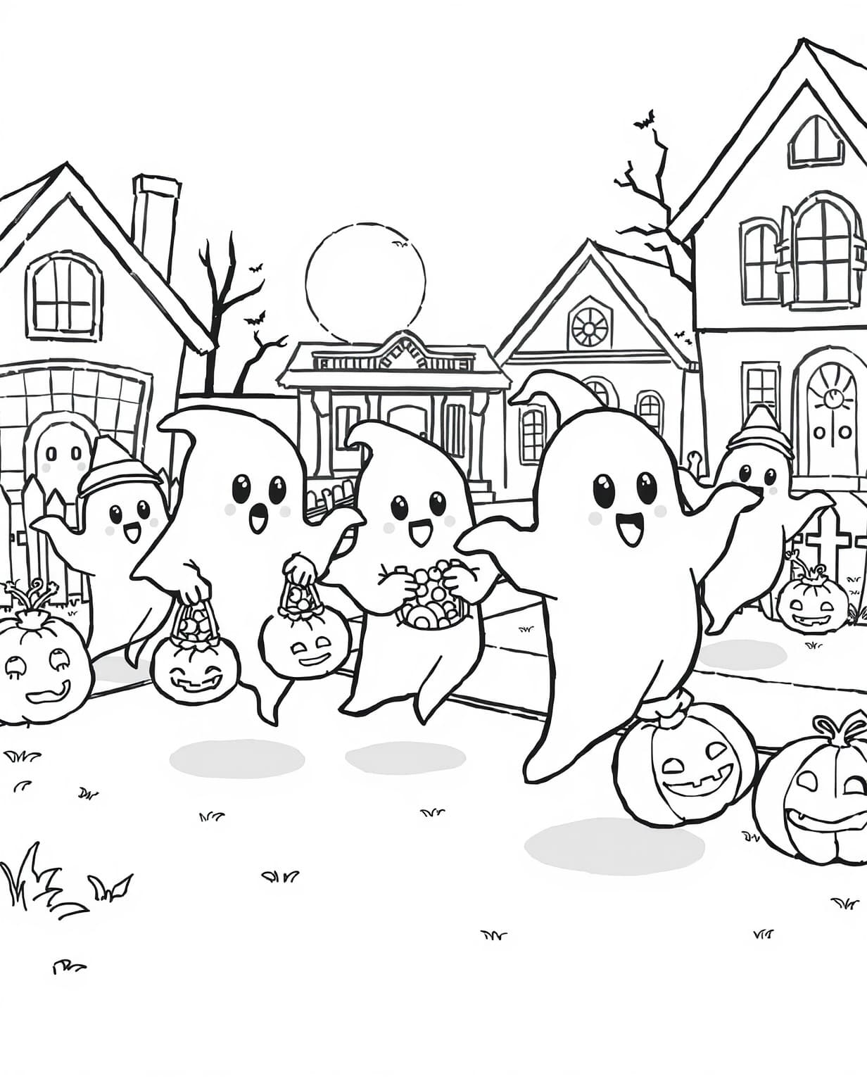 Trick-or-Treating Ghosts Coloring Page