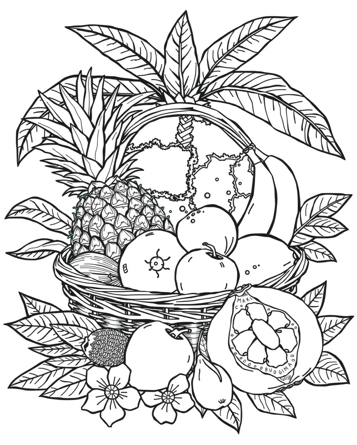 Tropical Fruit Basket Coloring Page