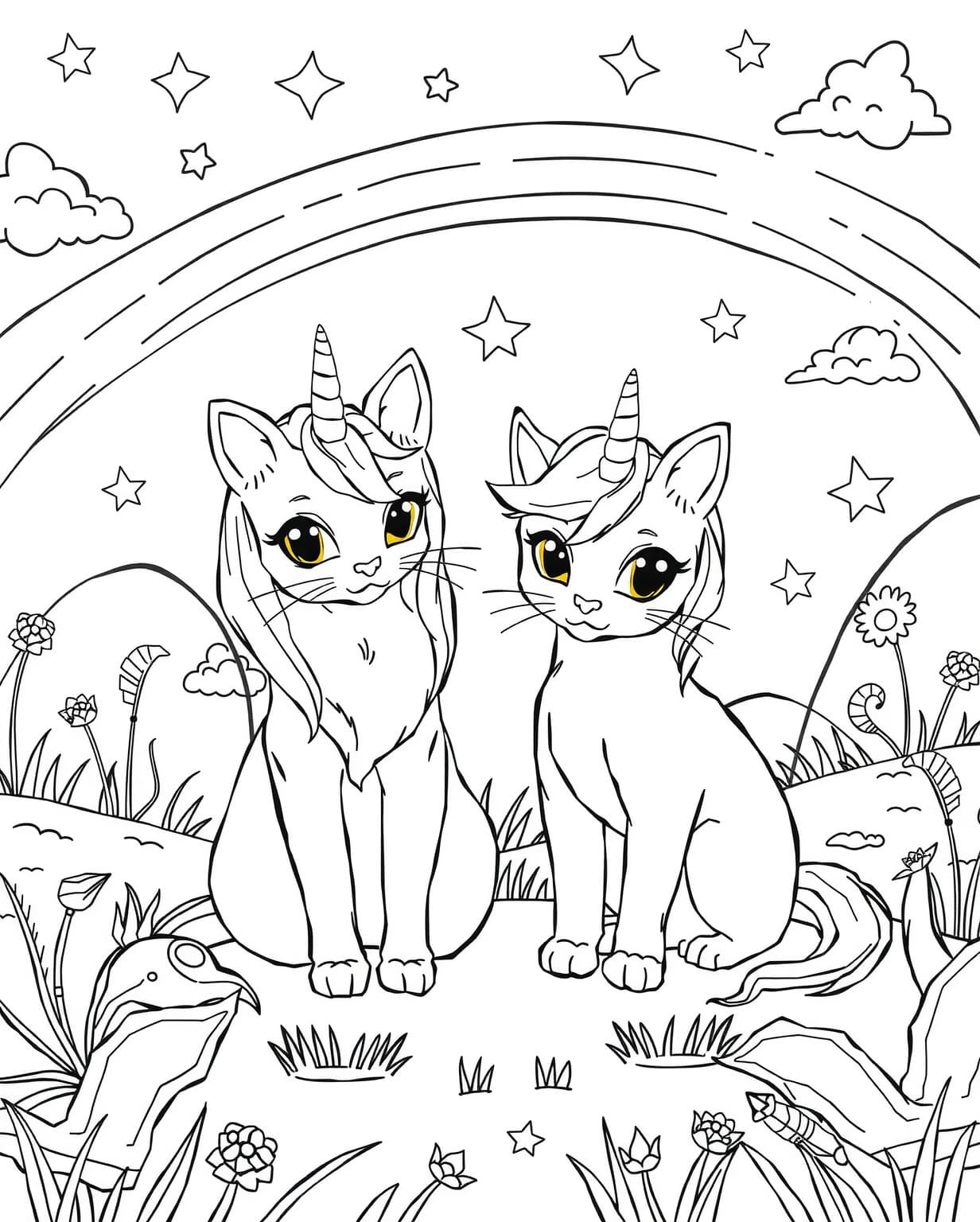 Two Unicorn Cats Coloring Sheet