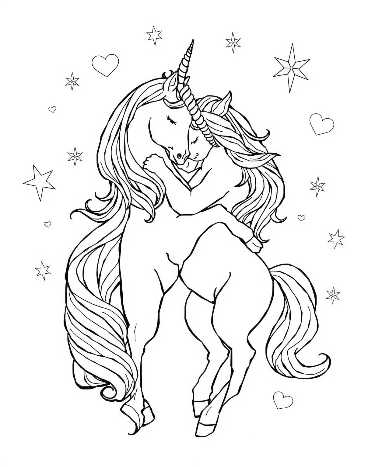 Two Unicorns Embracing Coloring Page