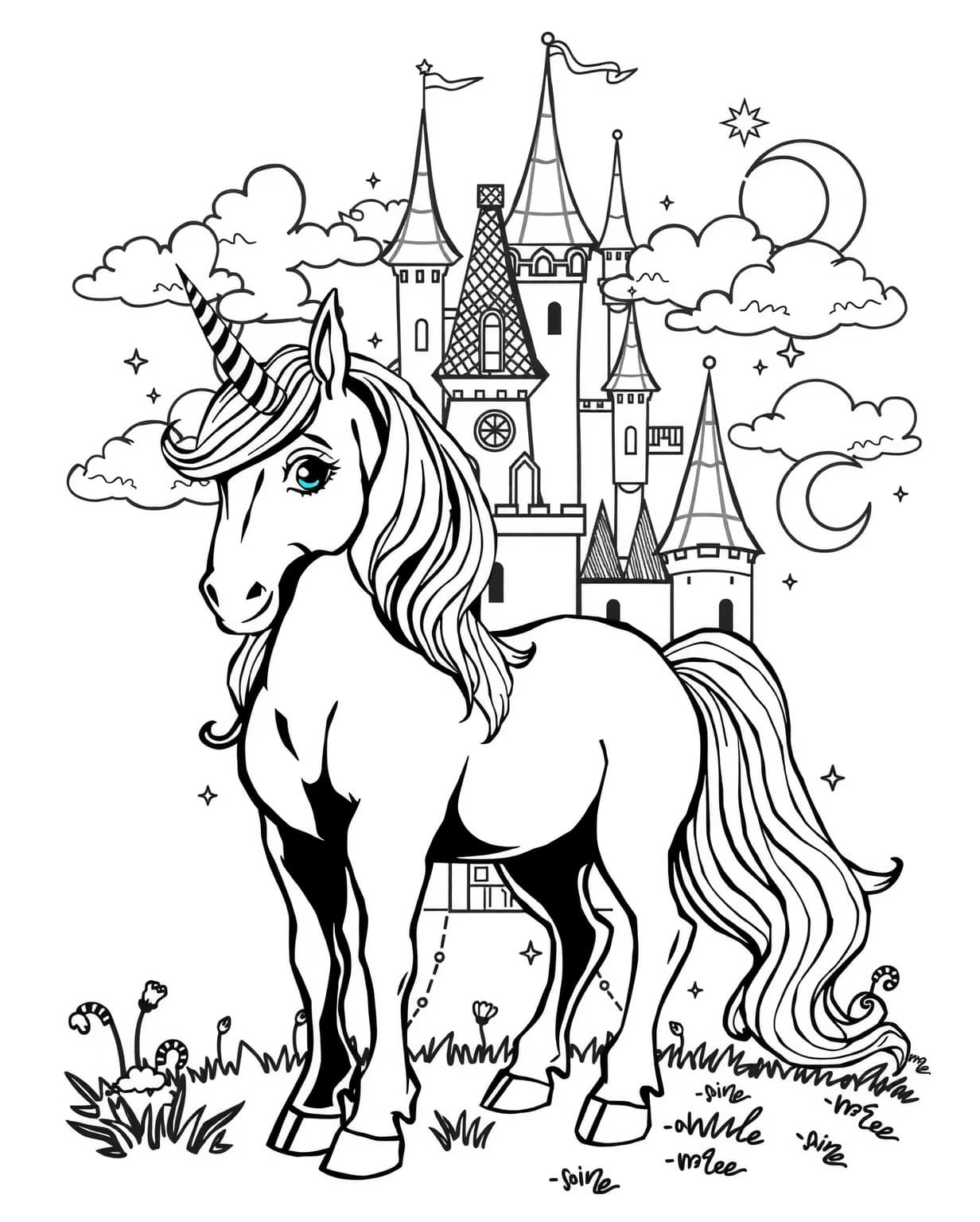 Unicorn and Castle Coloring Page