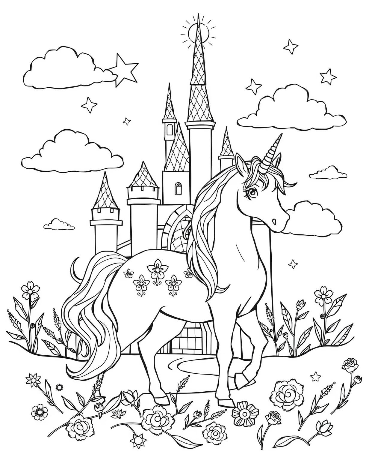 Unicorn By A Castle Coloring Page