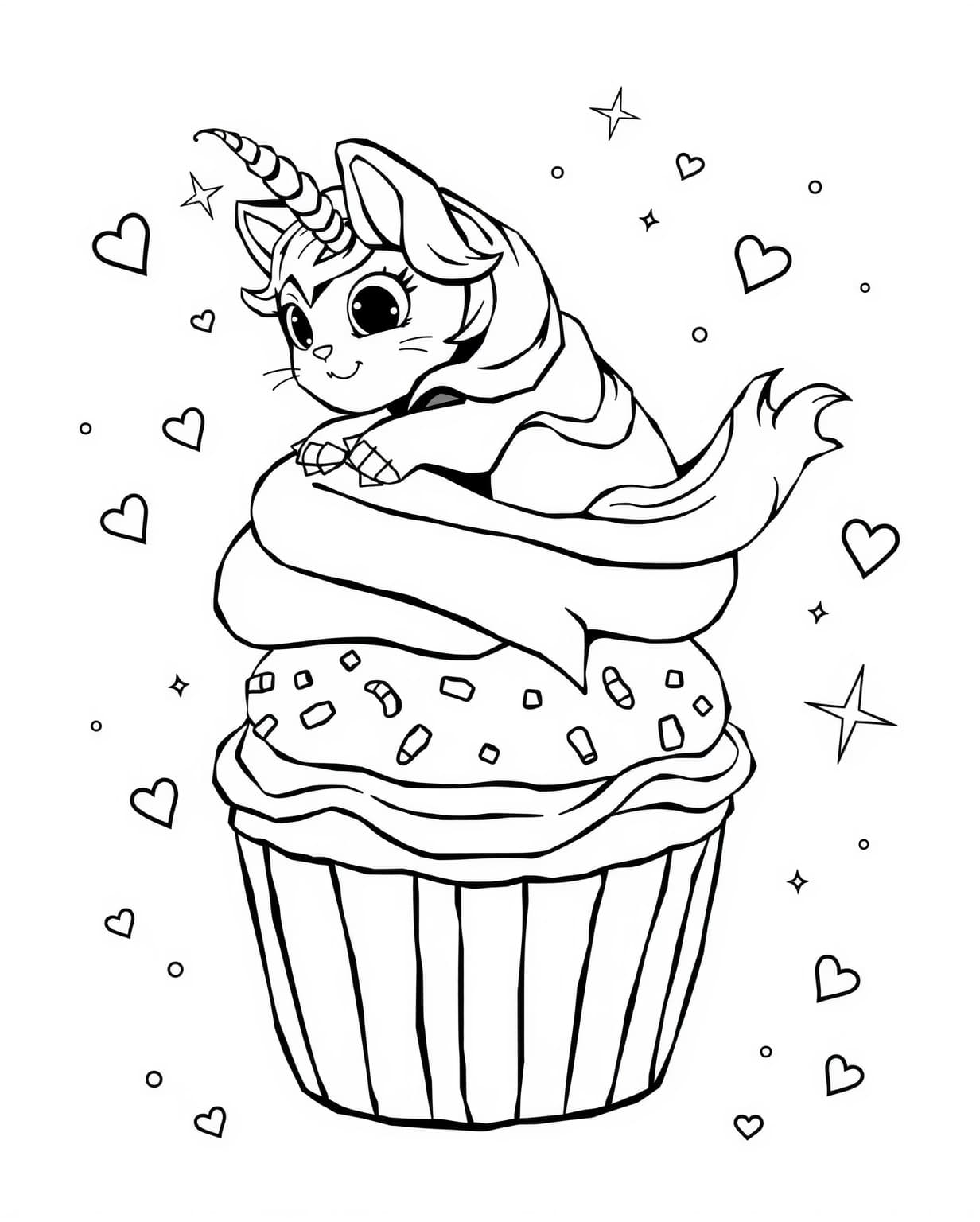 Unicorn Cat Cupcake Coloring Page