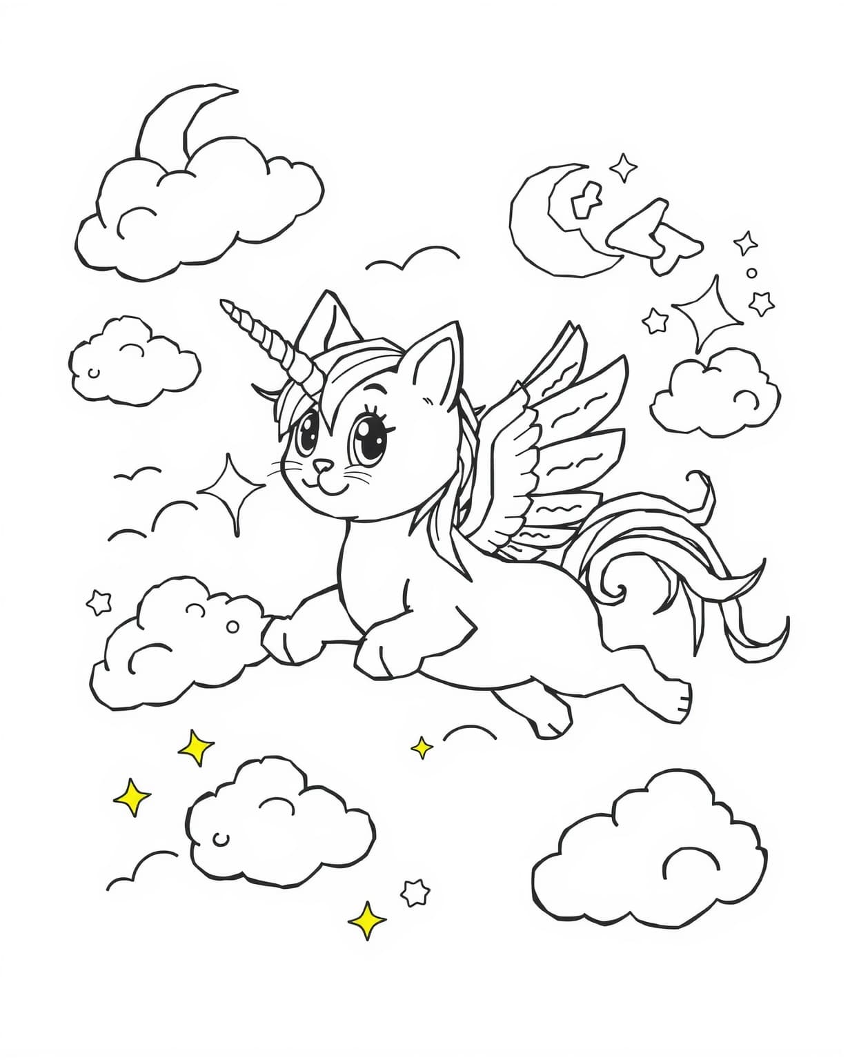 Unicorn Cat Flying Coloring Page