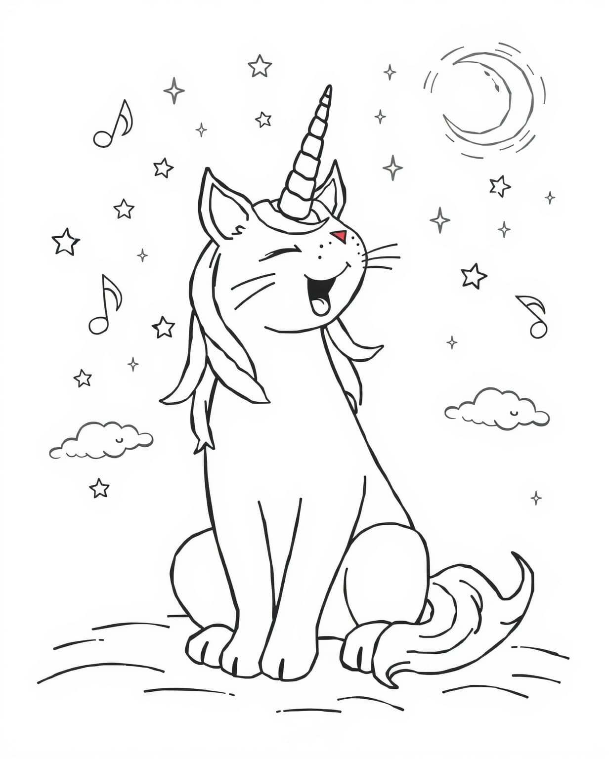 Unicorn Cat Singing Coloring Page