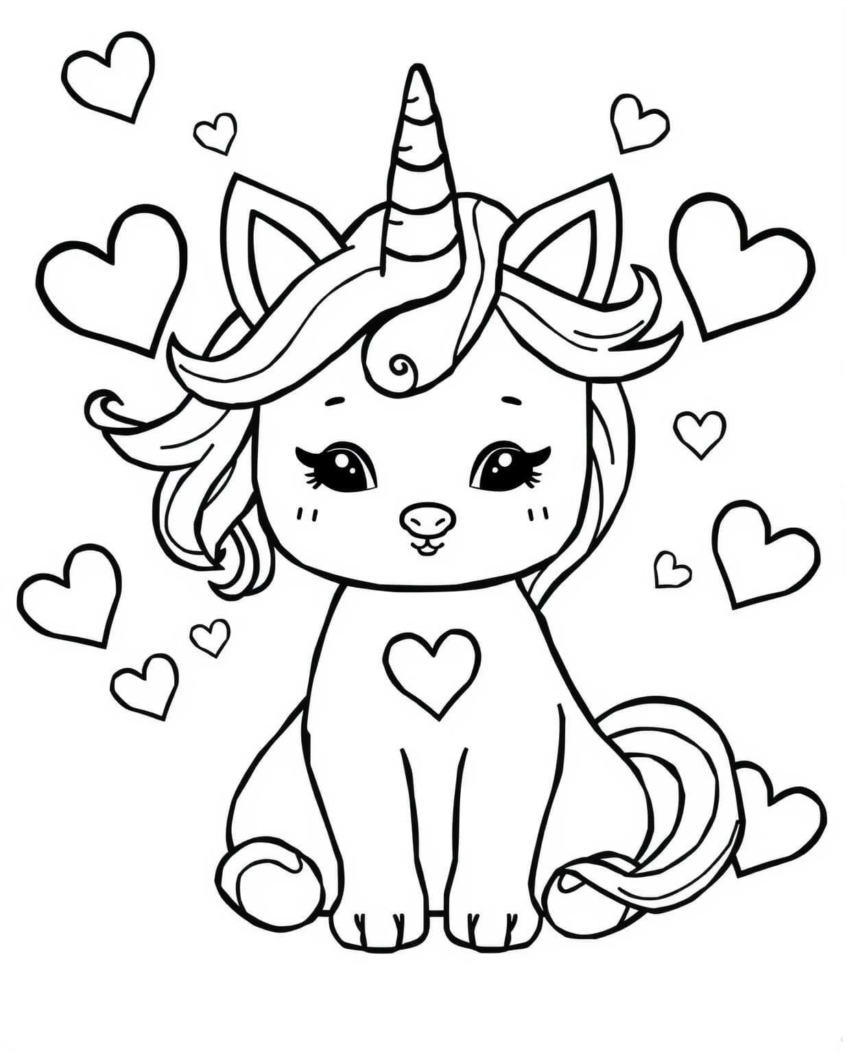 Unicorn Cat With Hearts Coloring Page