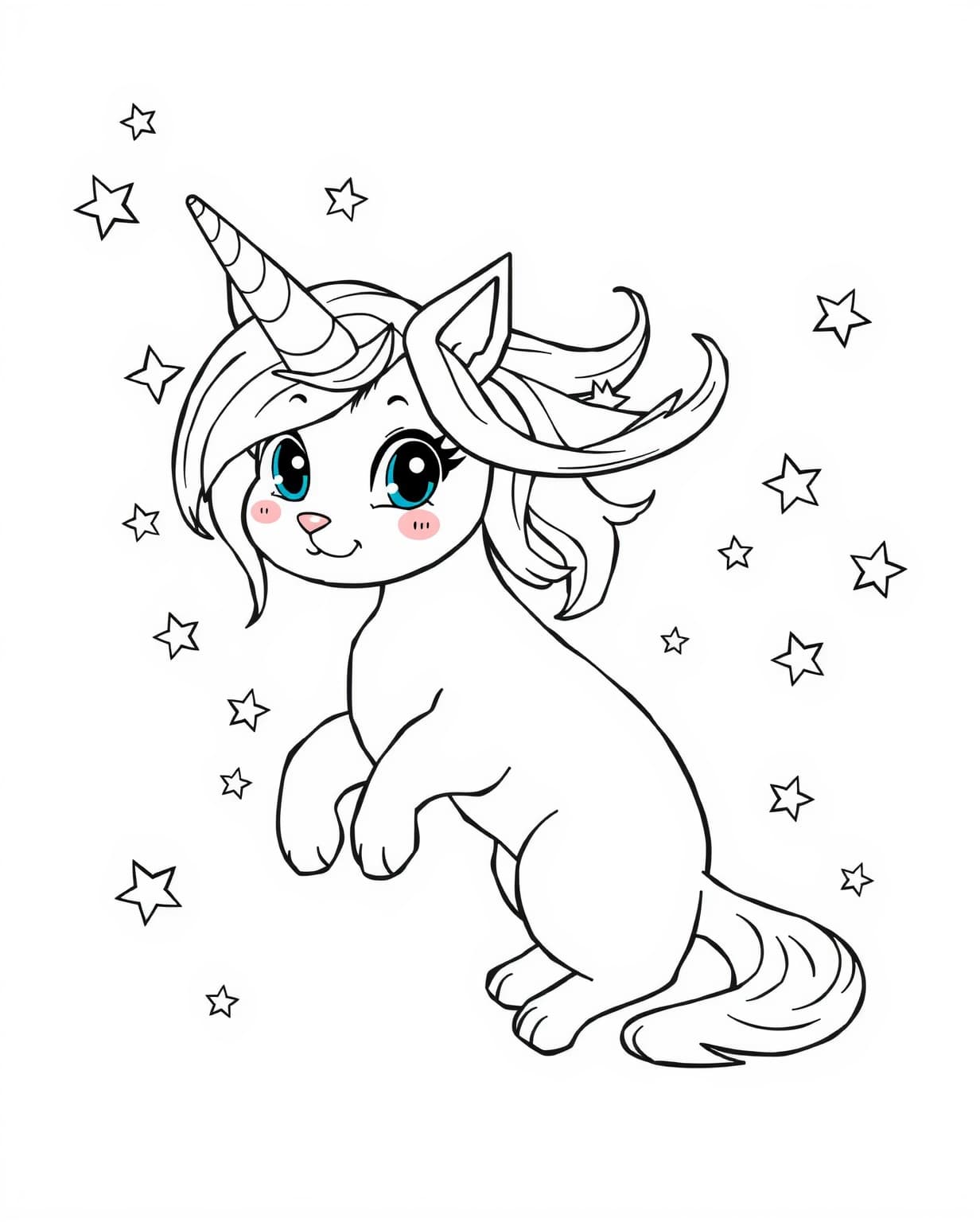 Unicorn Cat With Stars Coloring Page