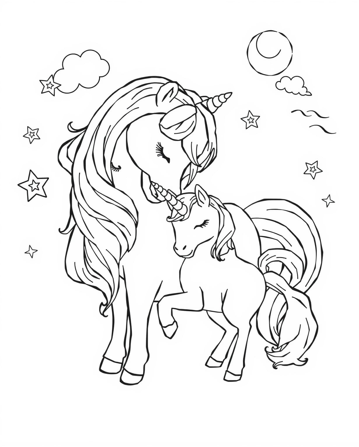 Unicorn Mom And Baby Coloring Page