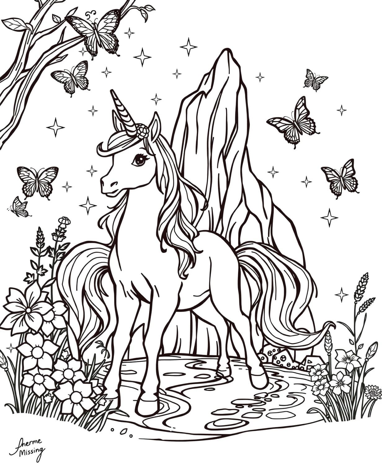 Unicorn Waterfall Scene Coloring Page