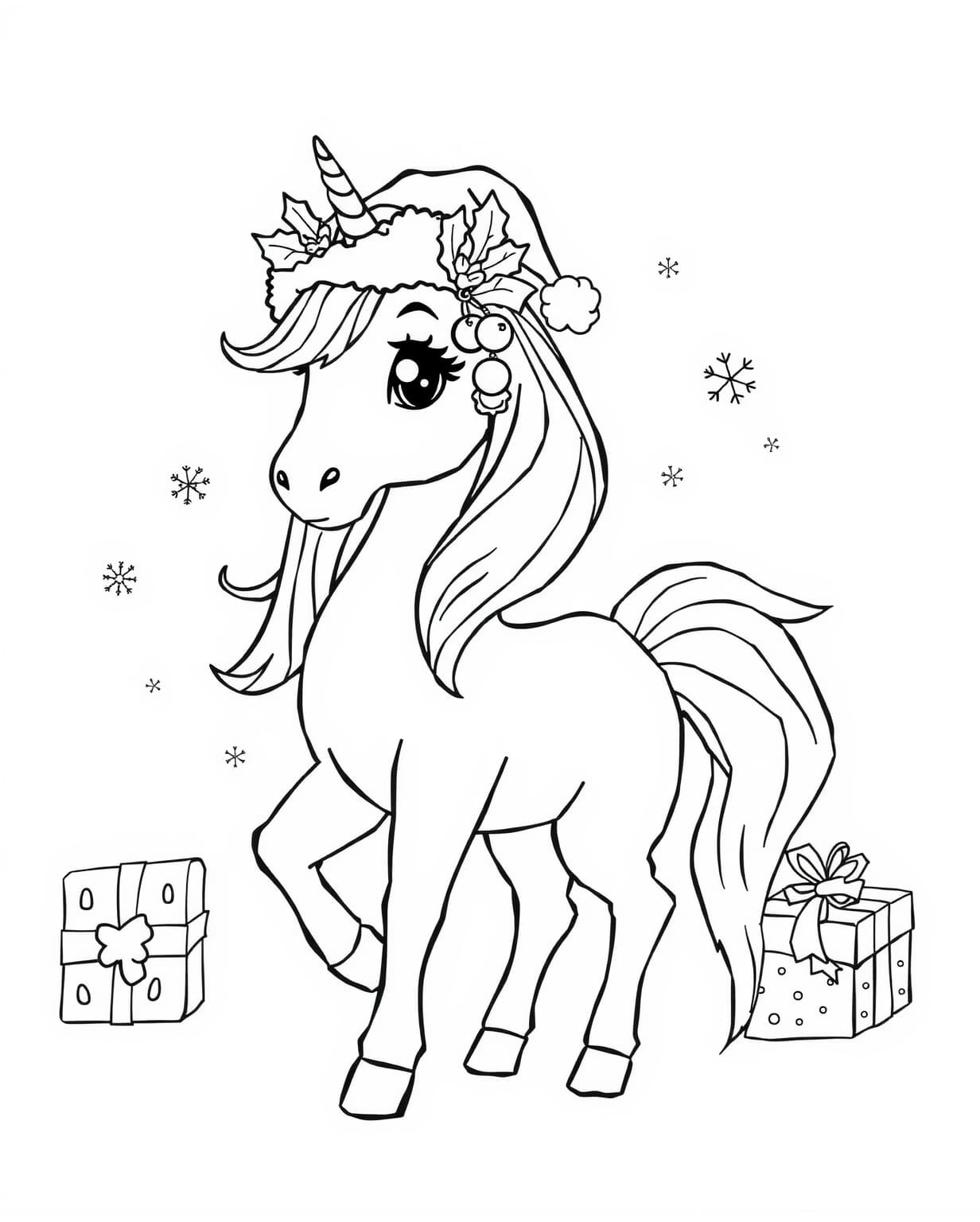 Unicorn With Santa Hat Coloring Page