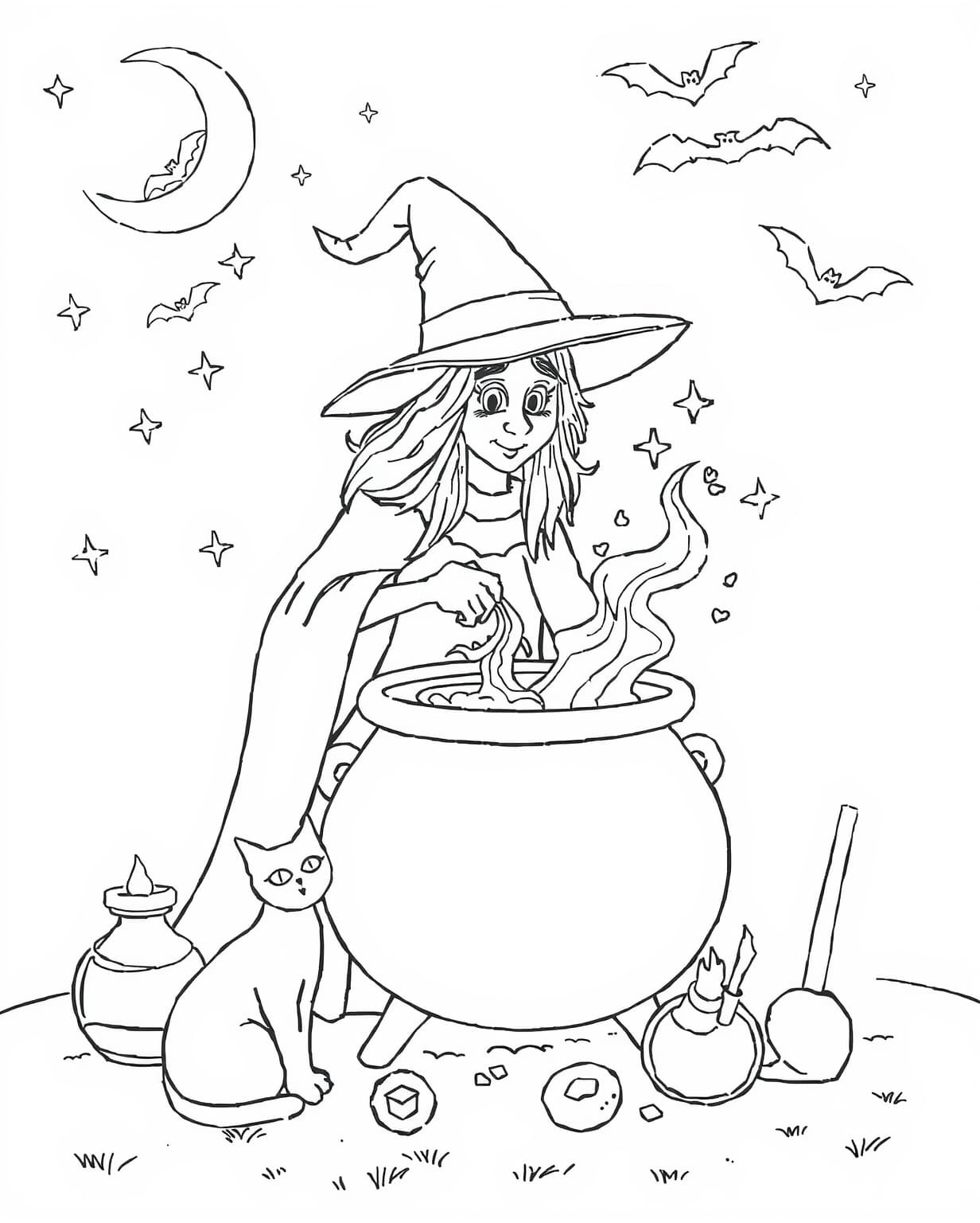 Witch Stirring a Cauldron Coloring Page