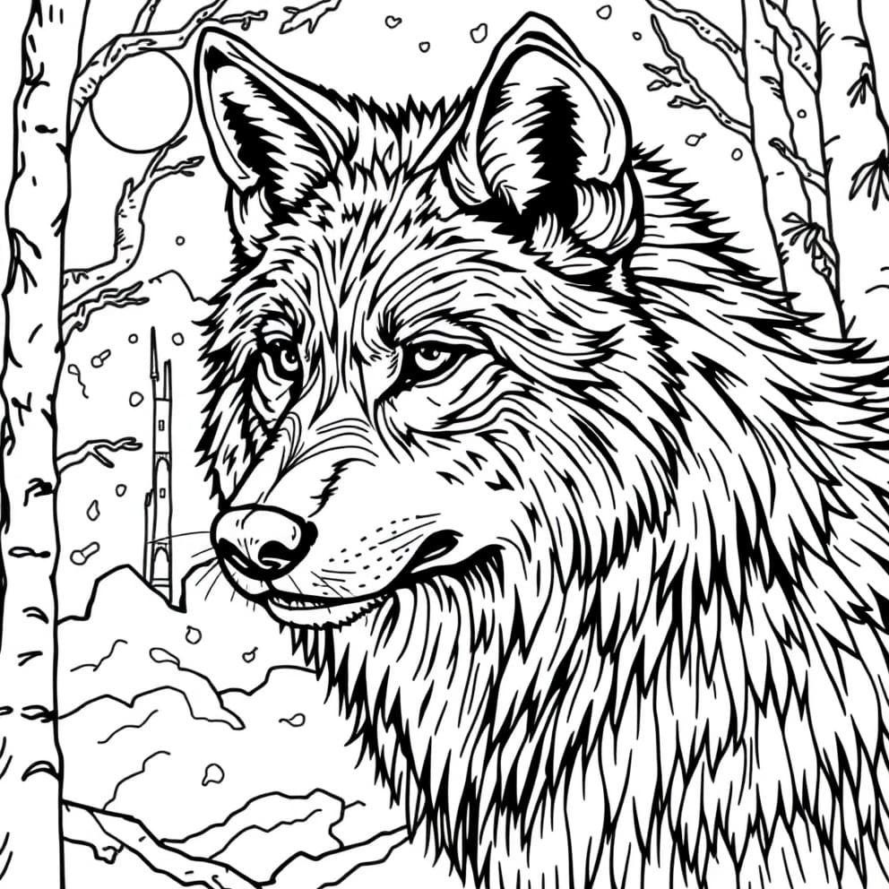 Wolf in Winter Forest Coloring Page