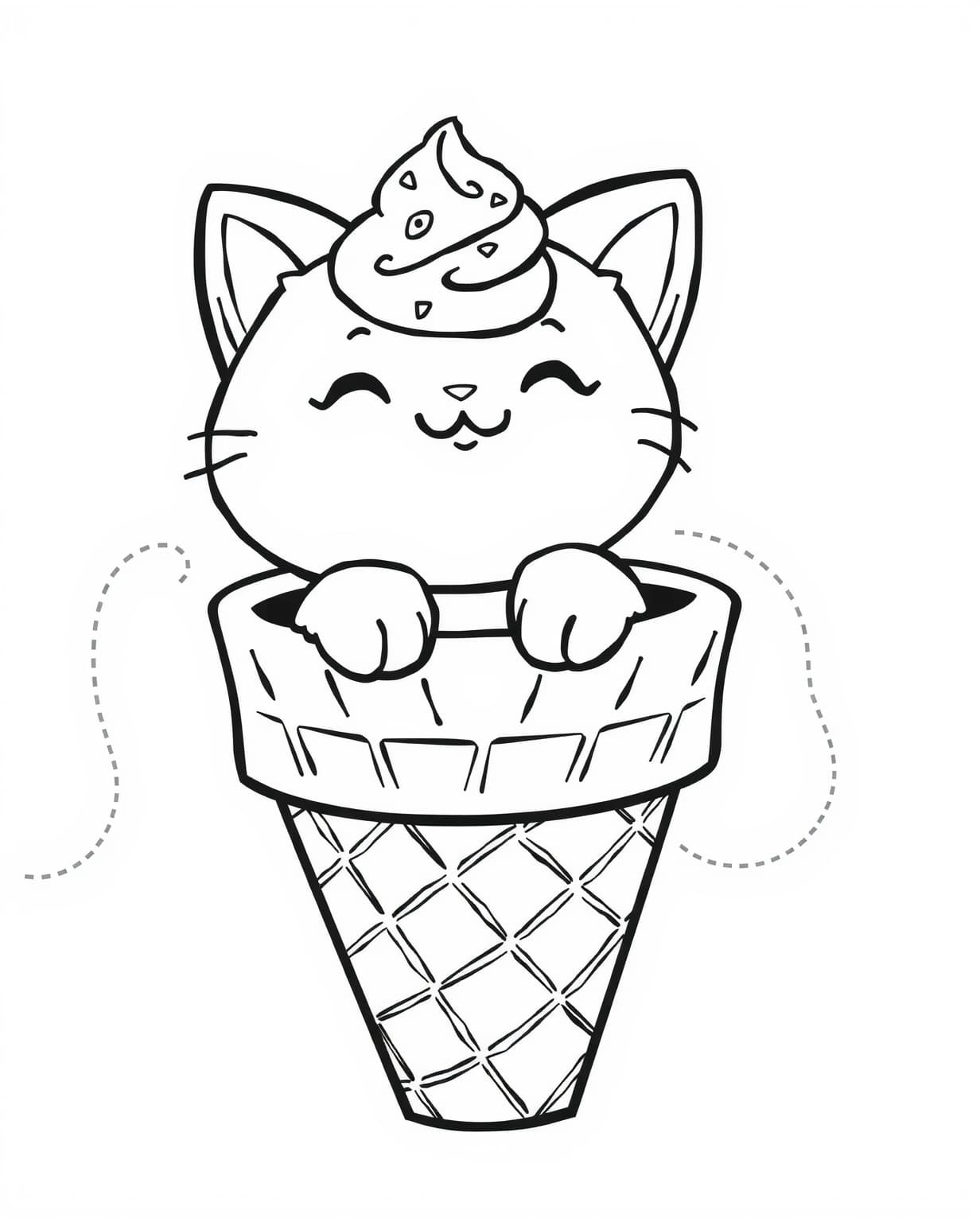 Adorable Cat in Ice Cream Cone Coloring Page