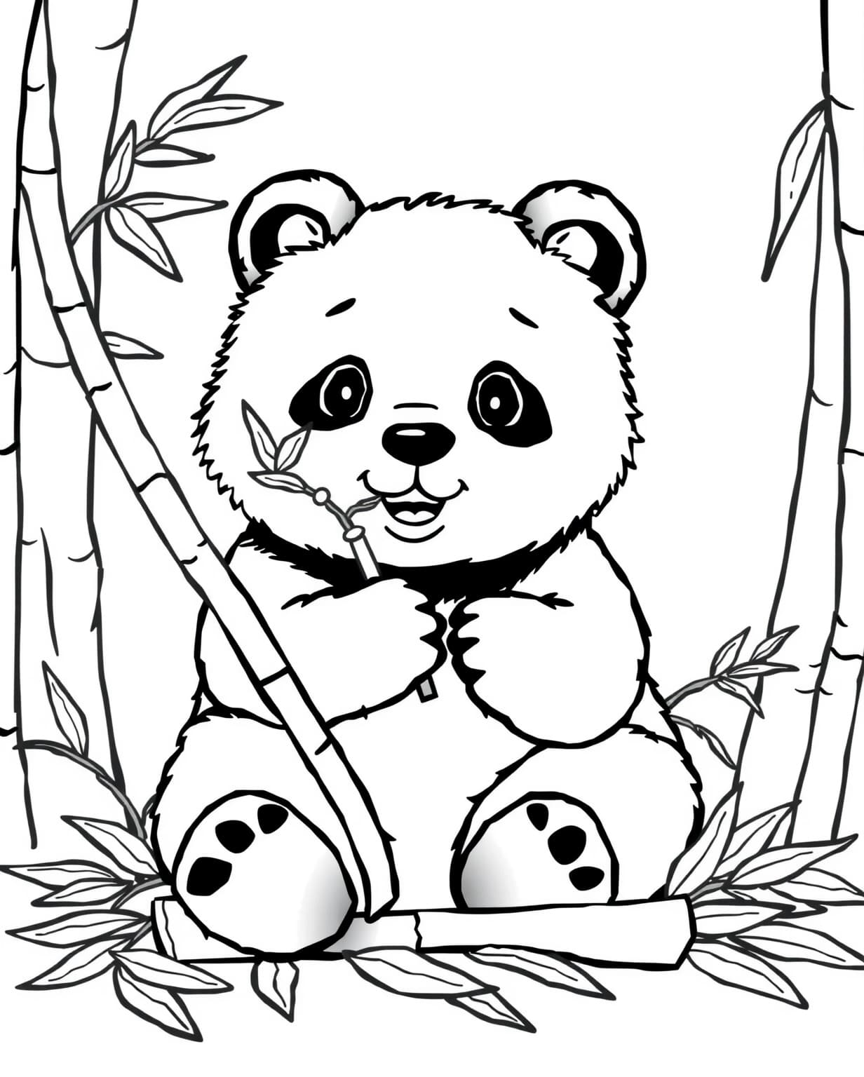 Adorable Panda Eating Bamboo Coloring Page