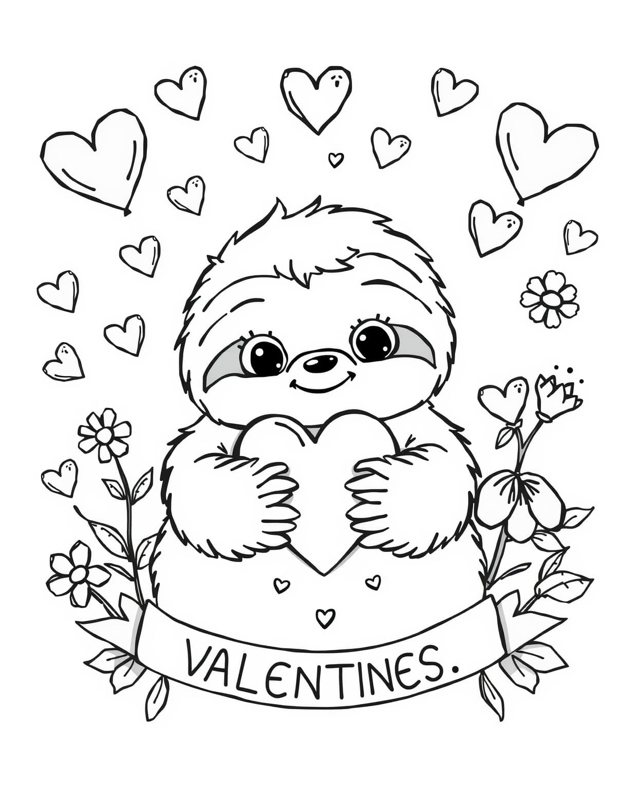 Adorable Sloth Valentine Coloring Page