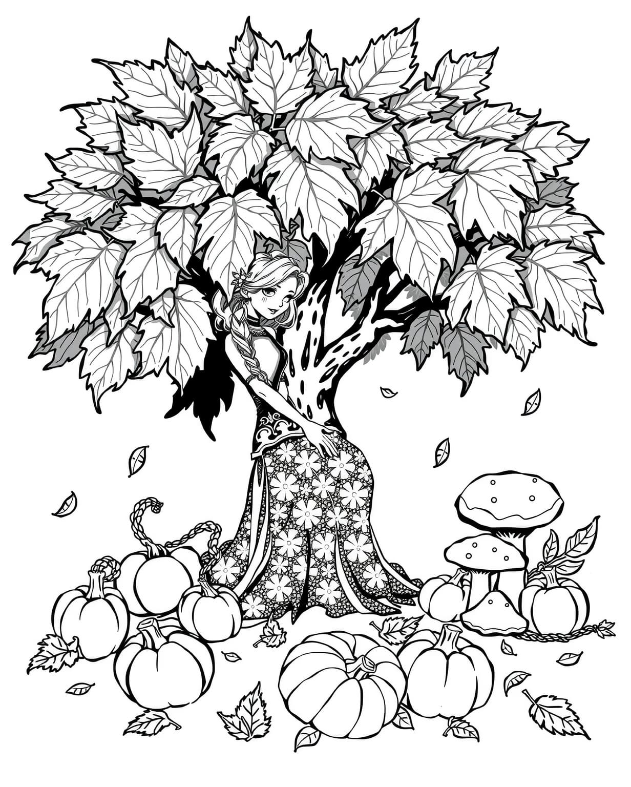 Autumn Fairy Under a Maple Tree Coloring Page