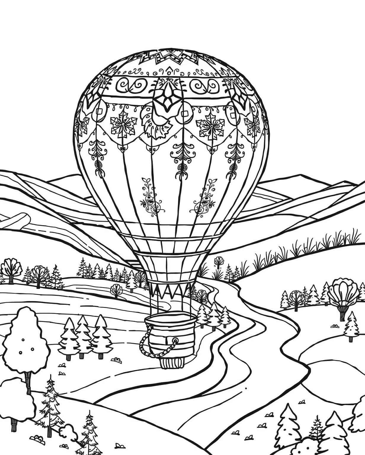 Autumn Hot Air Balloon Scene Coloring Page