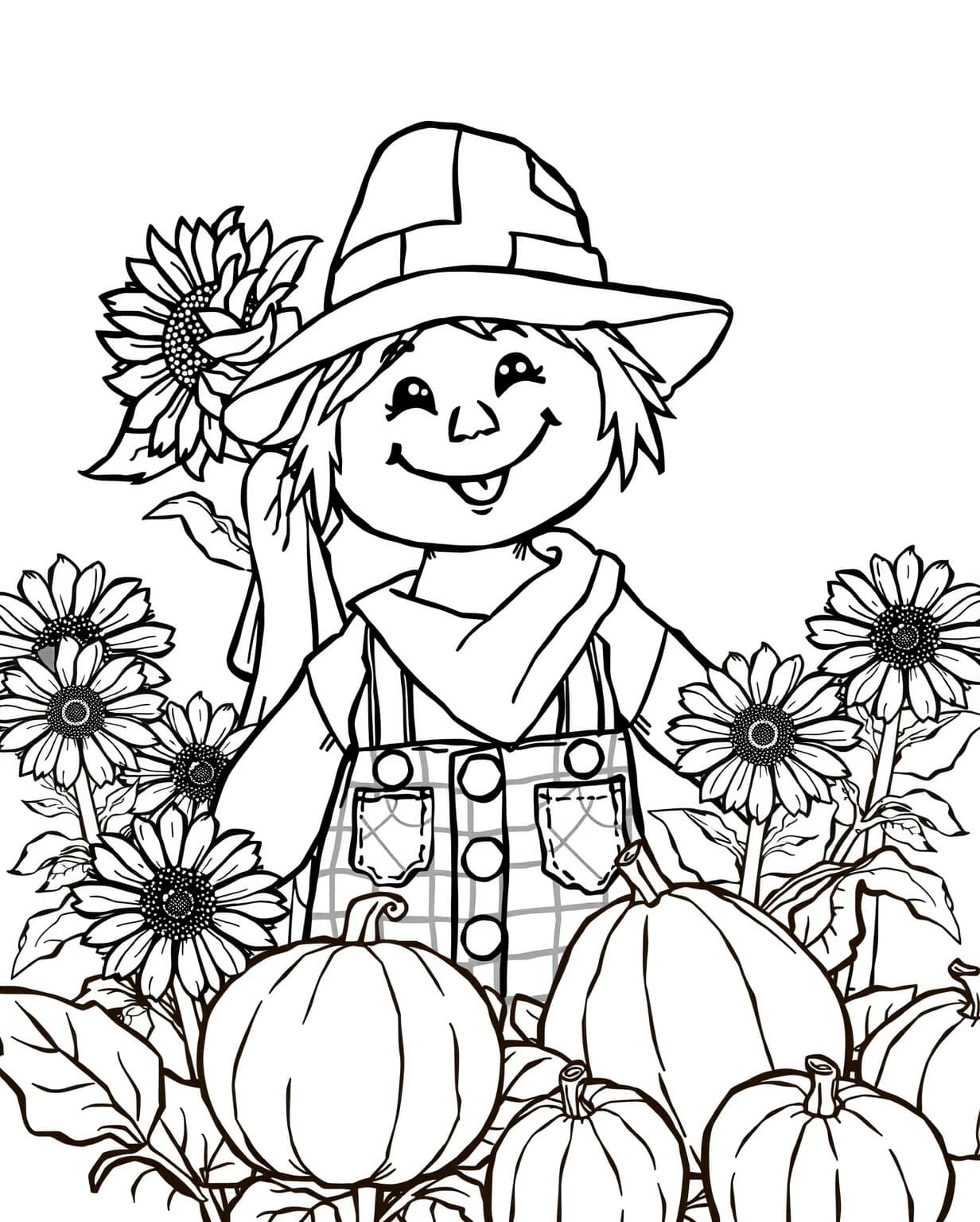 Autumn Scarecrow and Sunflowers Coloring Page