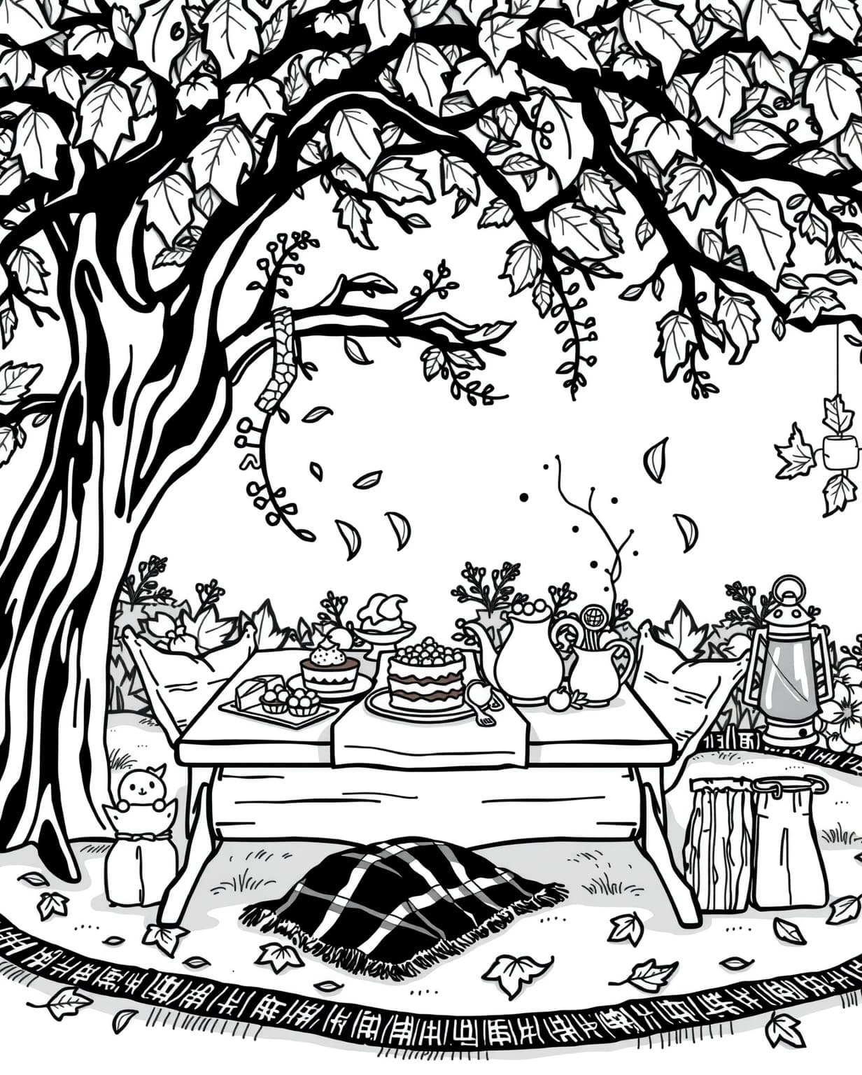 Autumn Tea Party Under a Tree Coloring Page