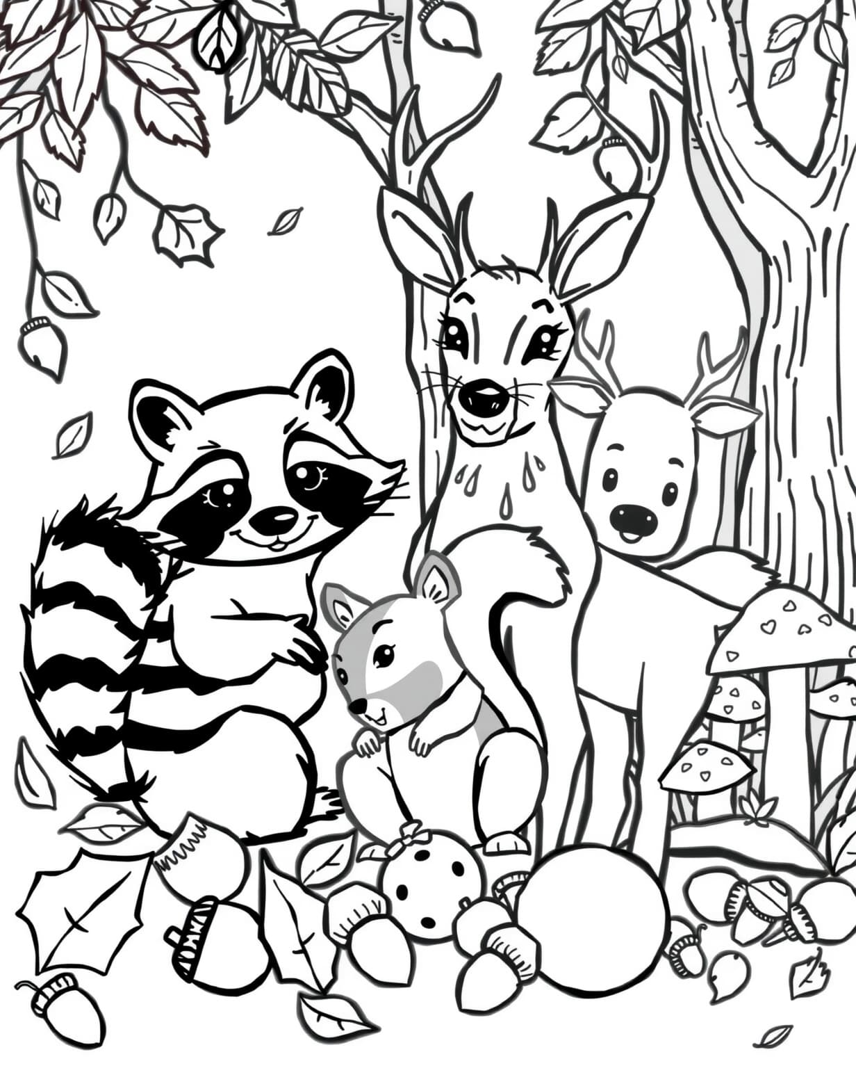 Autumn Woodland Creatures Coloring Page