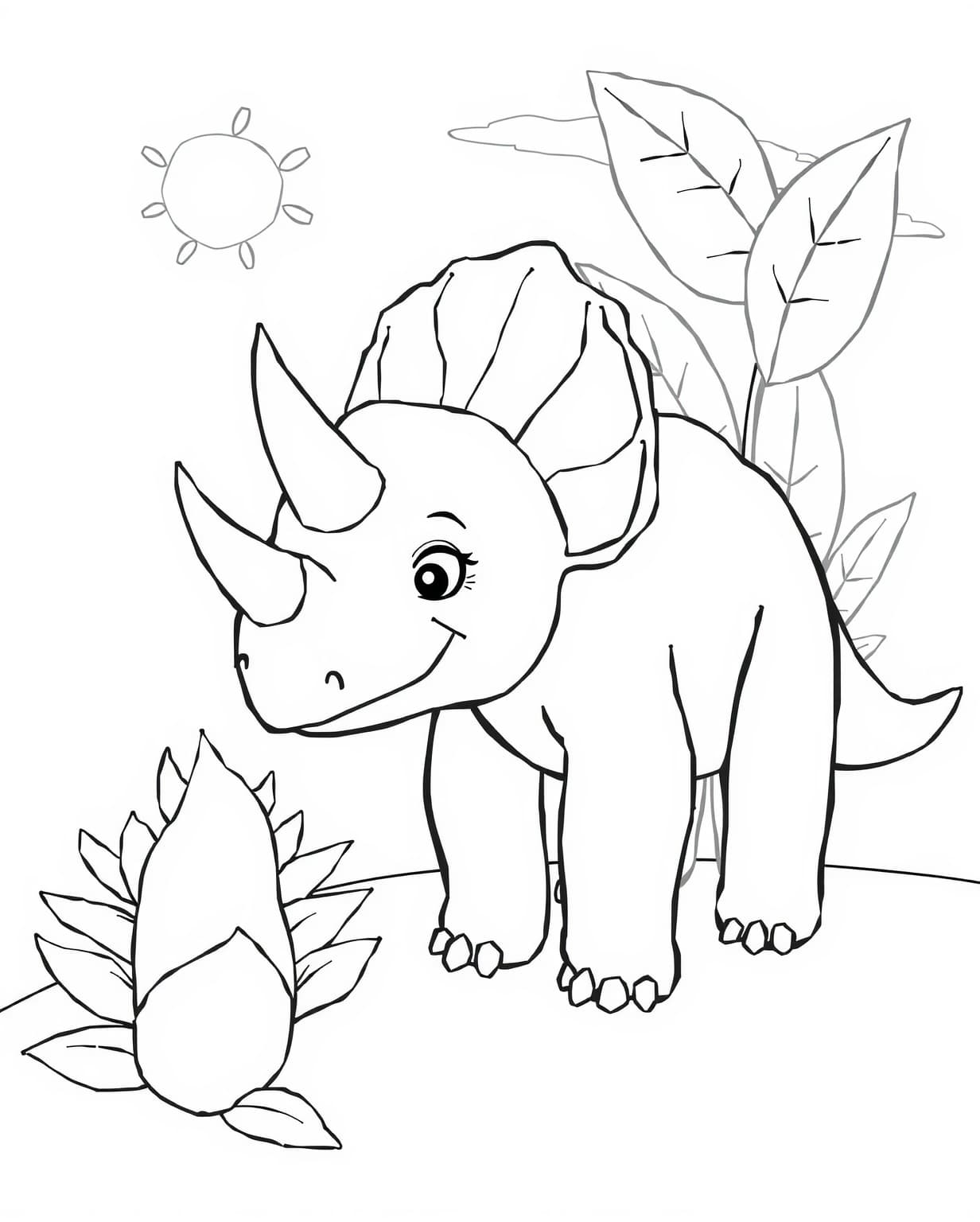 Baby Triceratops Exploring Leafy Plants Coloring Page