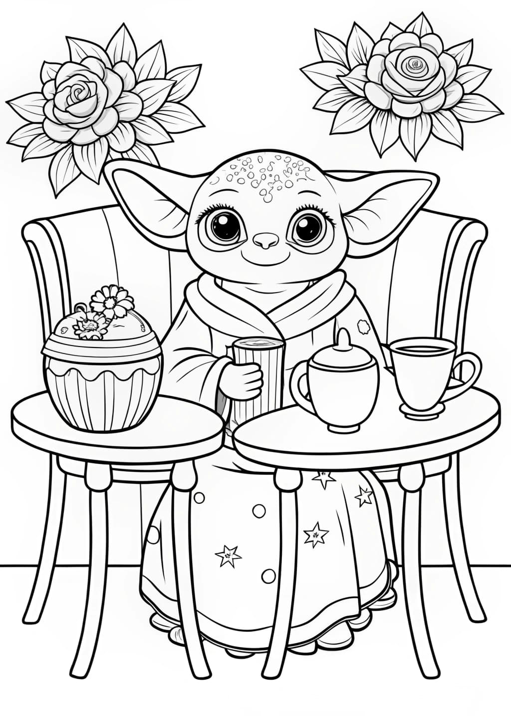 Baby Yoda at a Tea Party Coloring Page