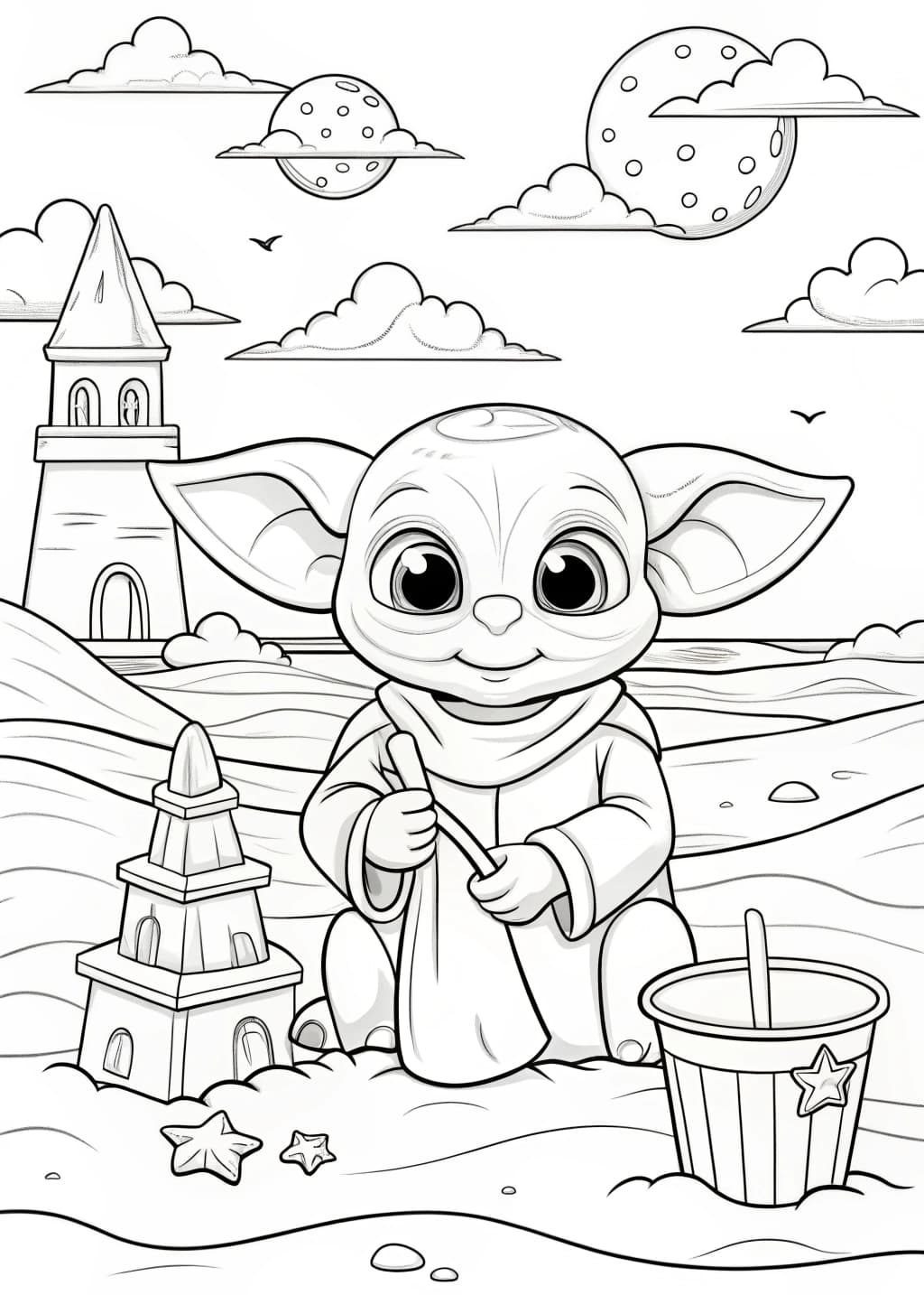 Baby Yoda Building a Sandcastle Coloring Page