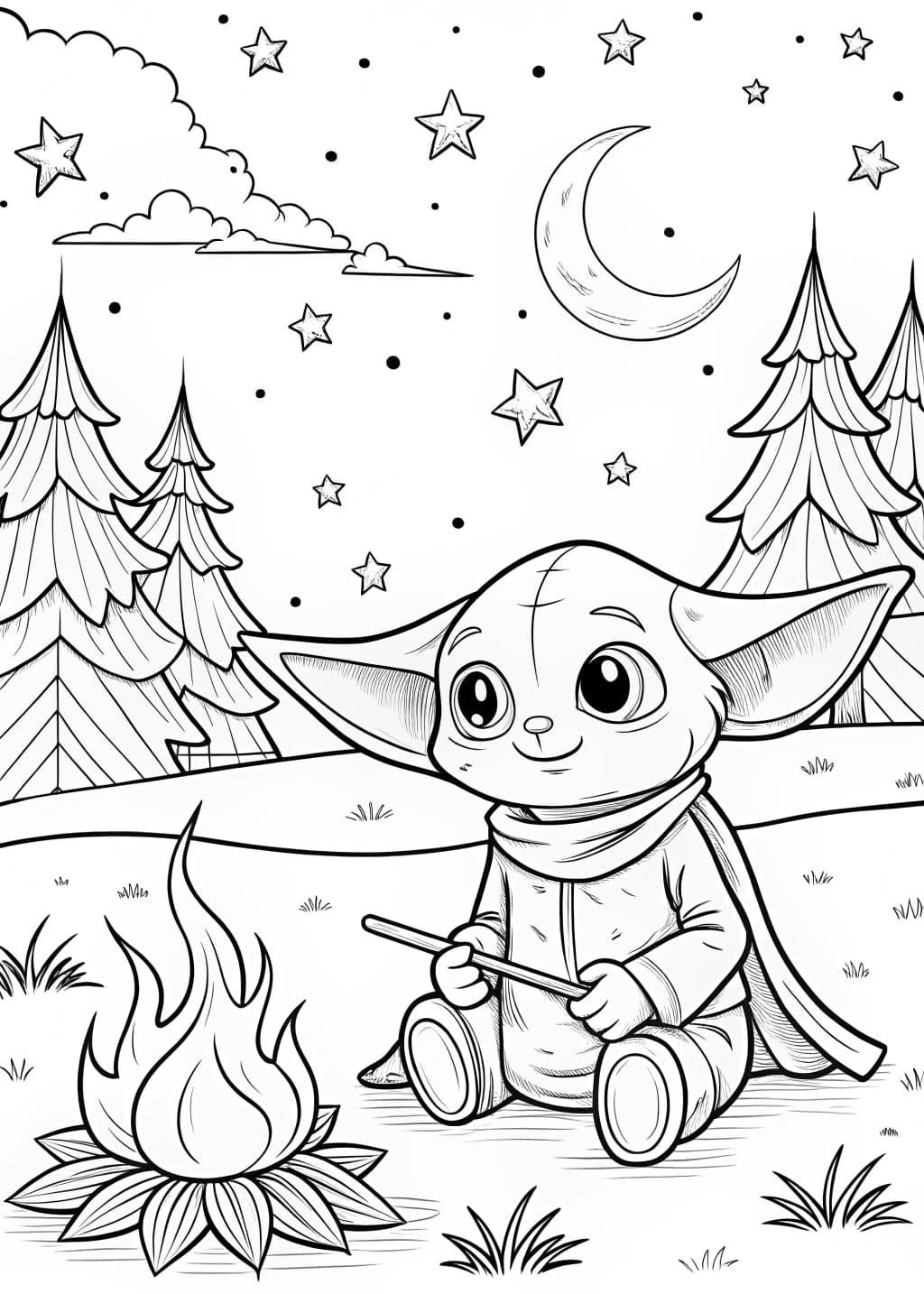 Baby Yoda Camping Adventure Coloring Page