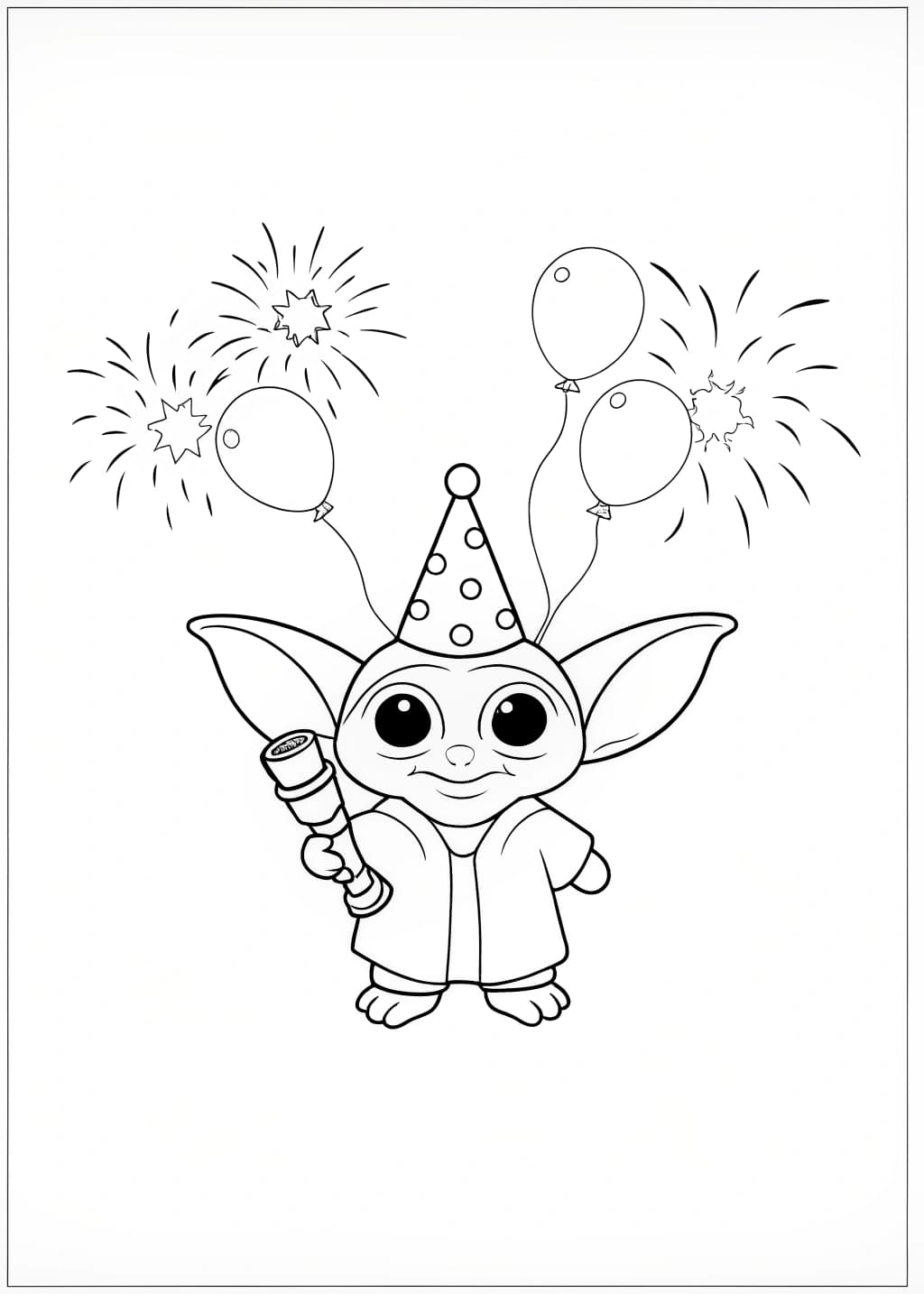 Baby Yoda Celebrating New Year Coloring Page