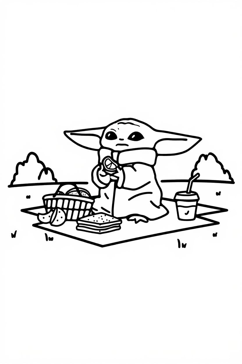 Baby Yoda Enjoying a Picnic Coloring Page