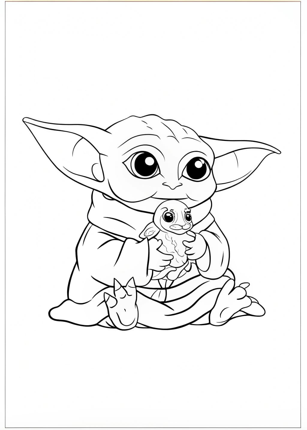 Baby Yoda Playing with a Frog Coloring Page
