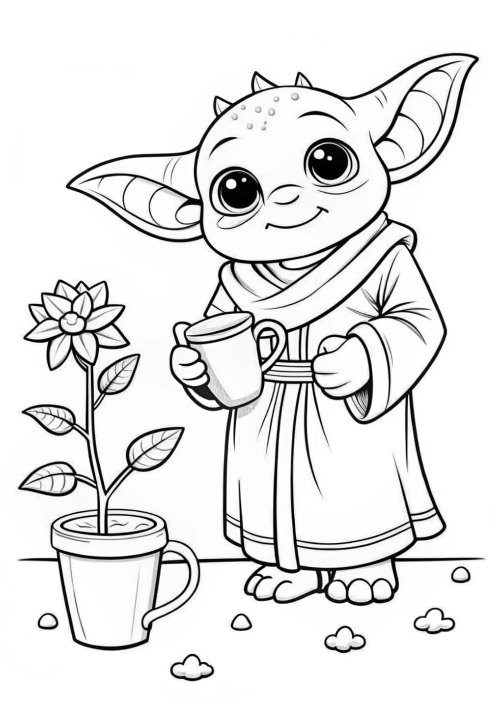 Baby Yoda Watering Plants Coloring Page