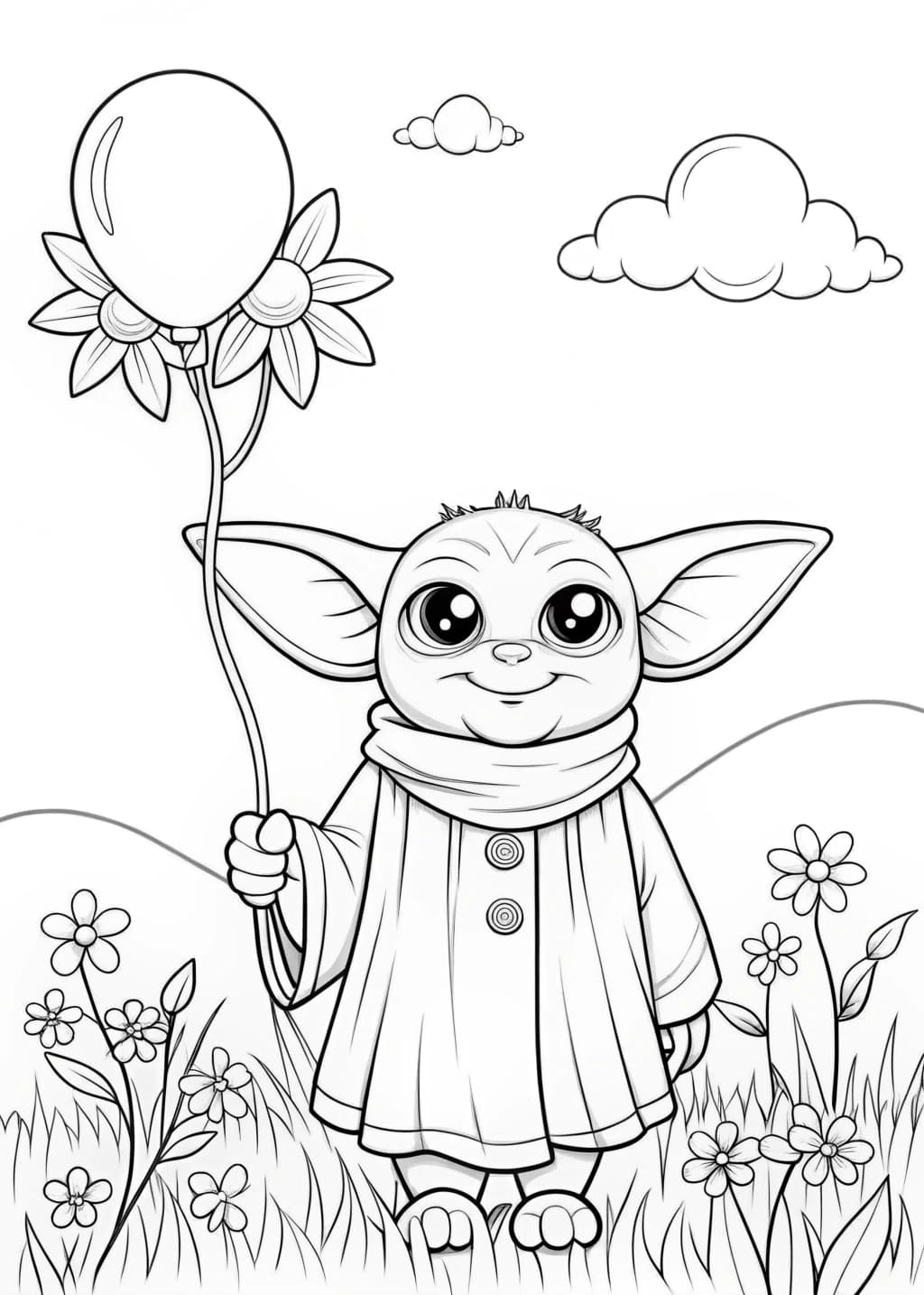 Baby Yoda With a Balloon Coloring Page