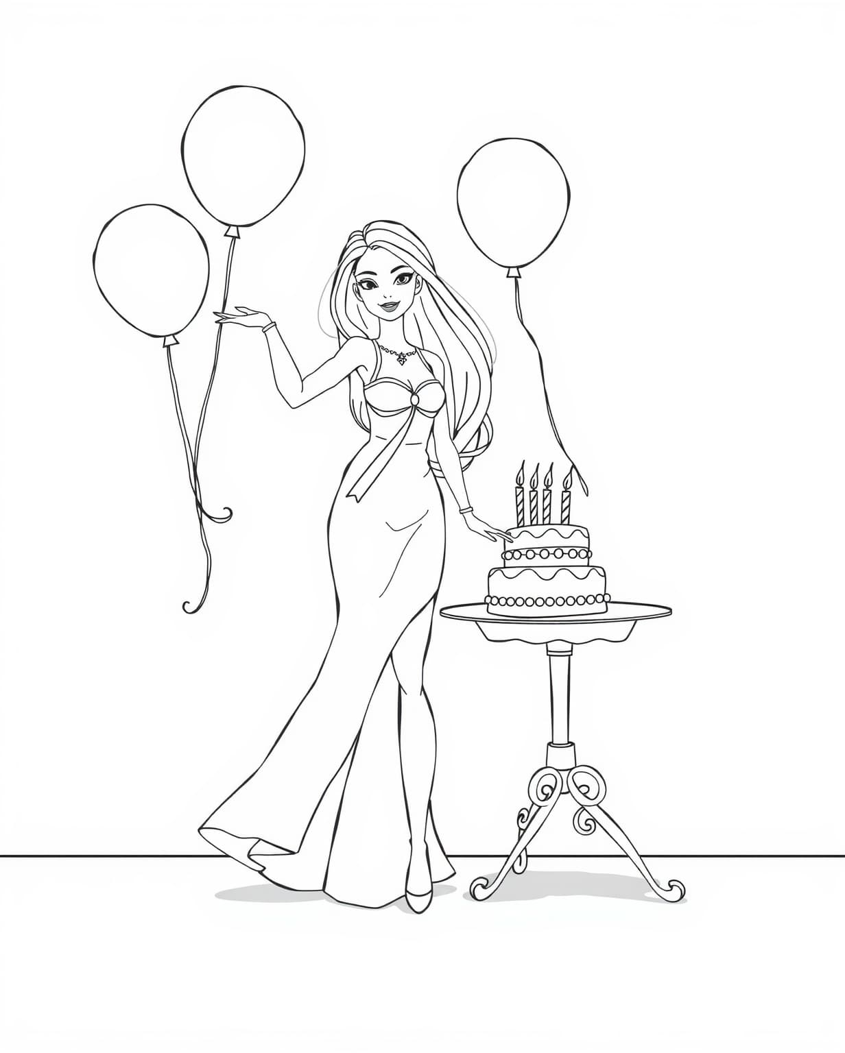 Barbie at a Birthday Party with Balloons Coloring Page