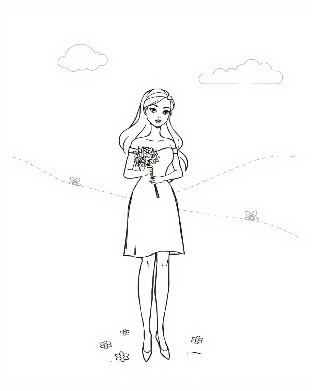 Barbie in a Pink Dress Holding Flowers Coloring Page