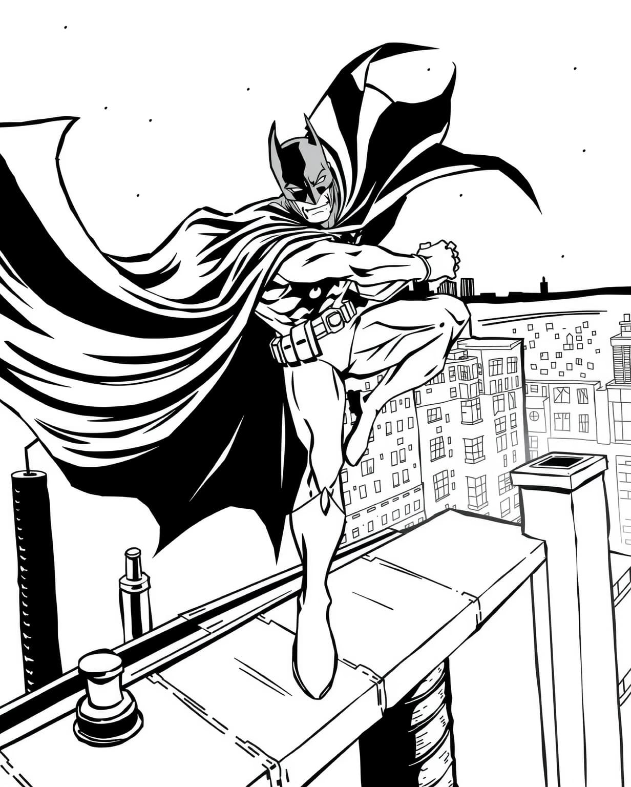 Batman Battling Villains on a Rooftop Coloring Page
