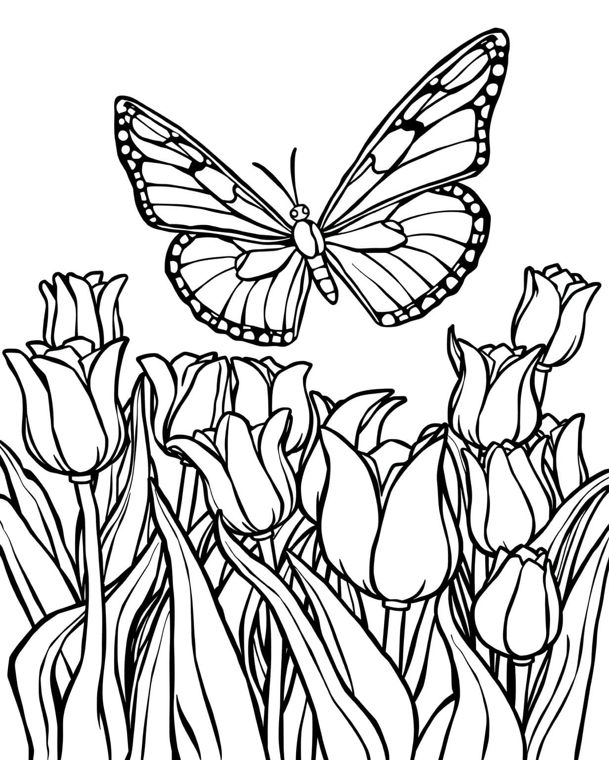 Butterfly and Tulip Garden Coloring Page