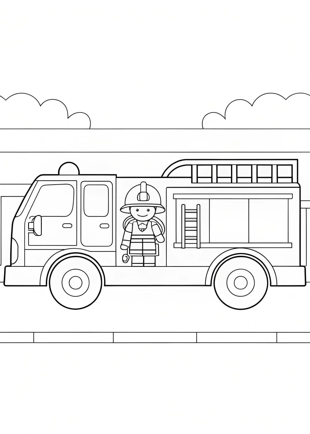 Cartoon Fire Truck with Firefighter Coloring Page