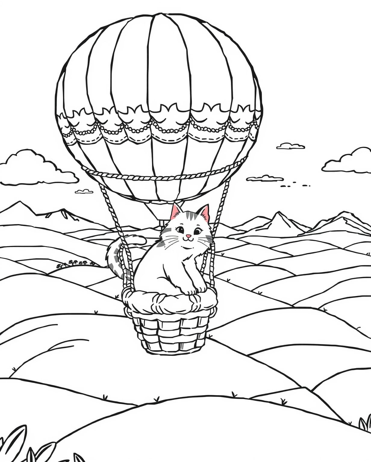 Cat Riding a Hot Air Balloon Coloring Page