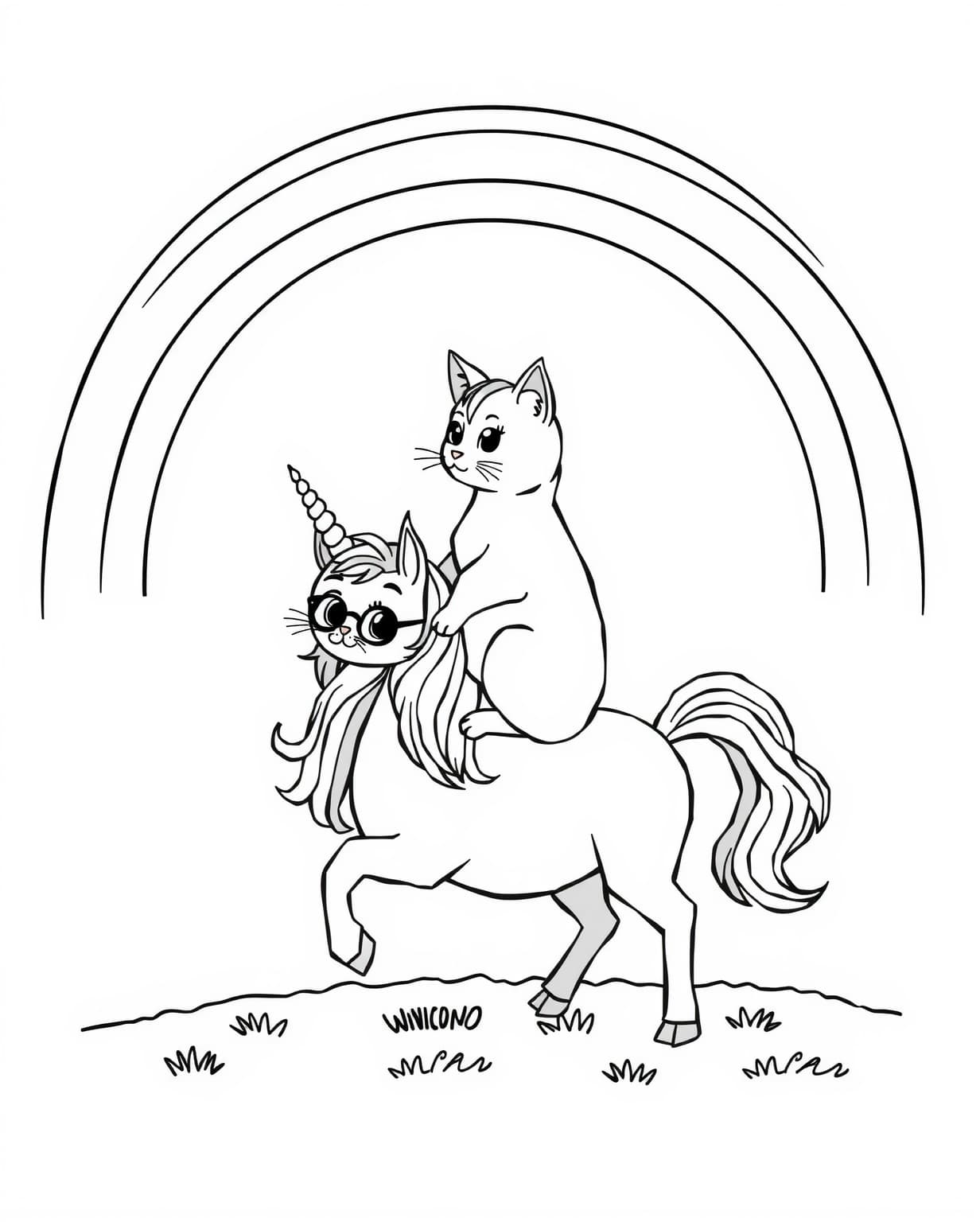 Cat Riding A Unicorn With A Rainbow Coloring Page
