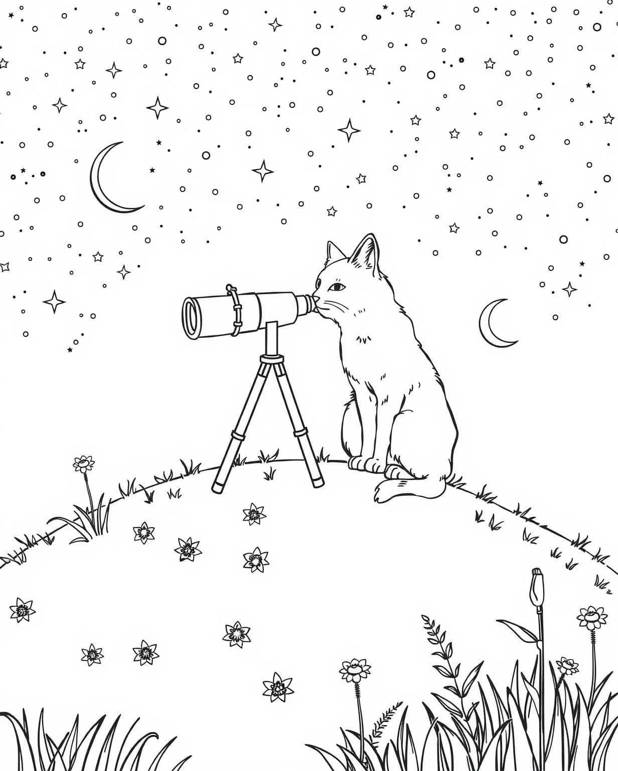 Cat Stargazing with Telescope Coloring Page