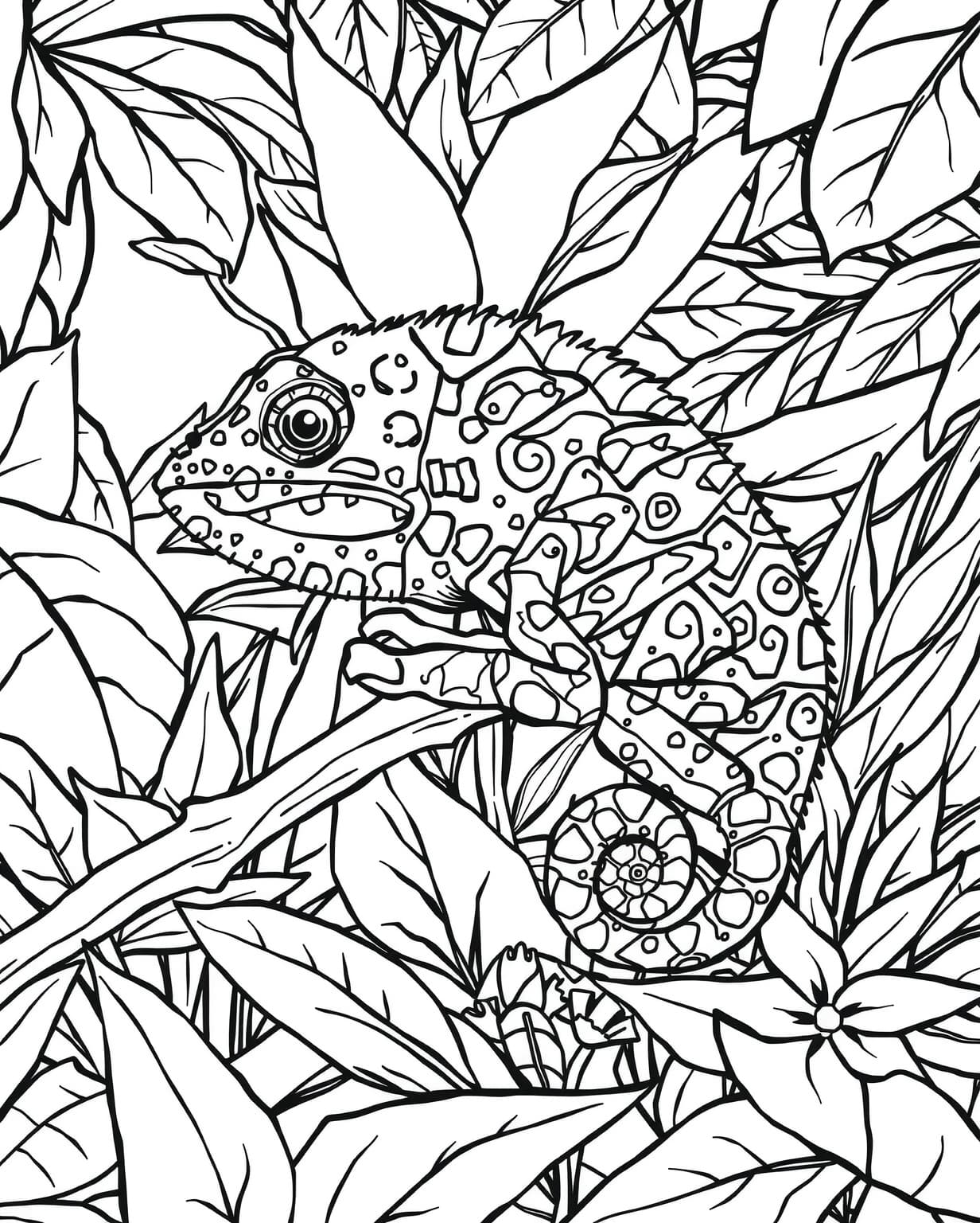 Chameleon Blending into a Jungle Scene Coloring Page
