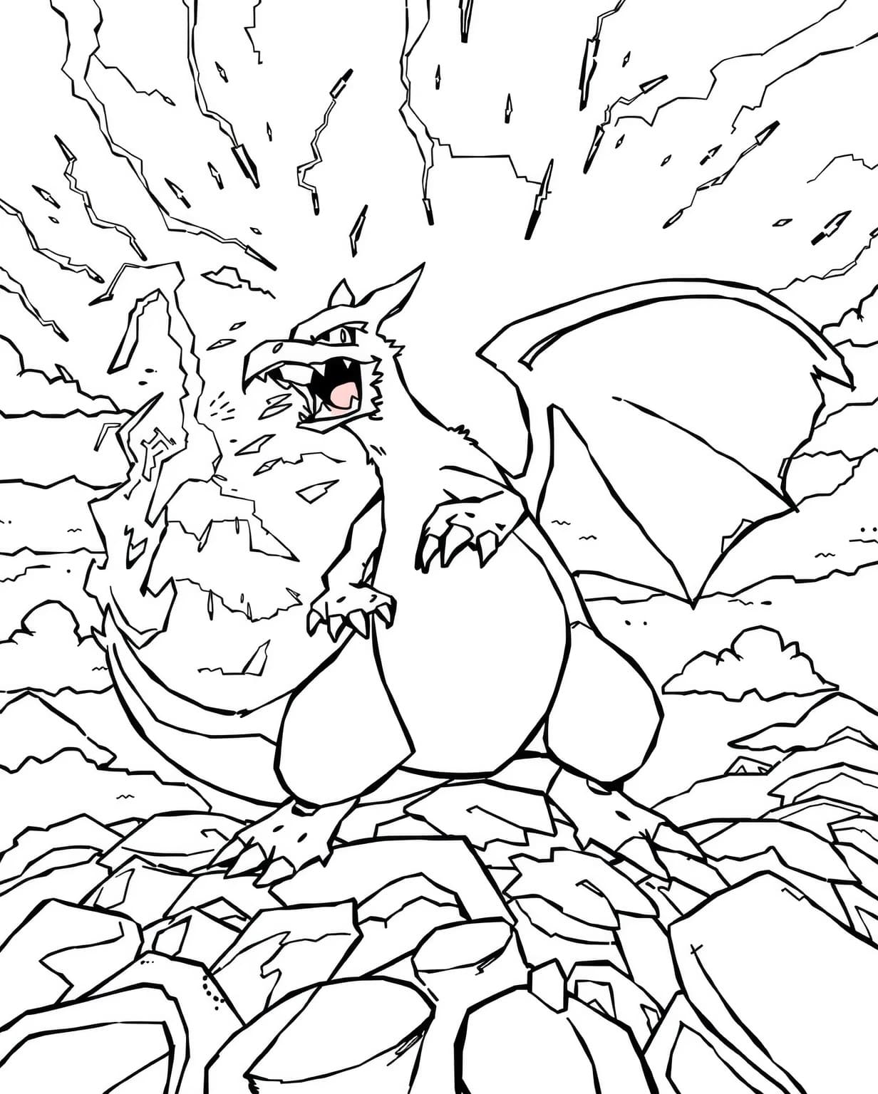 Charizard Battling in a Thunderstorm Coloring Page
