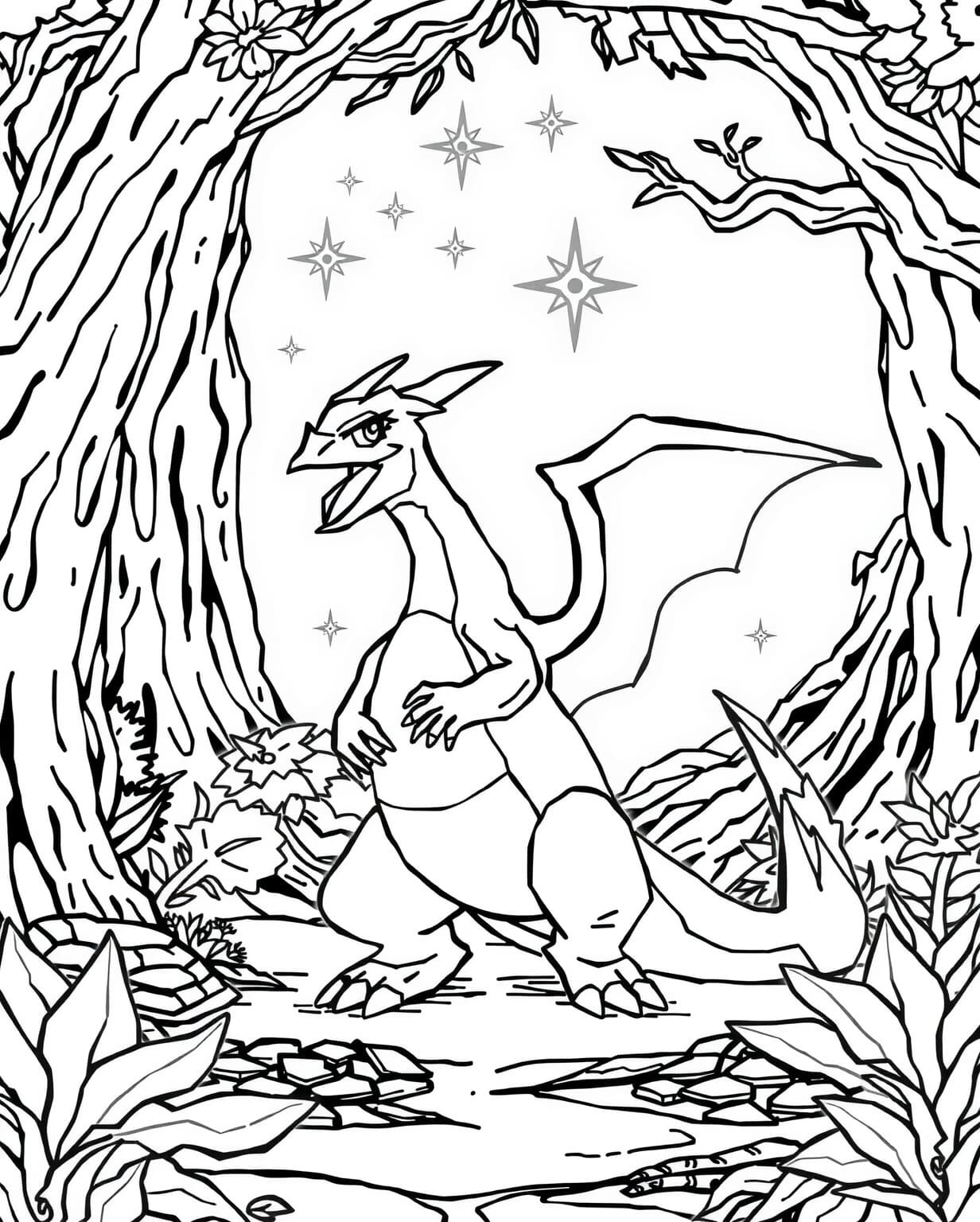 Charizard in a Mystical Forest Coloring Page