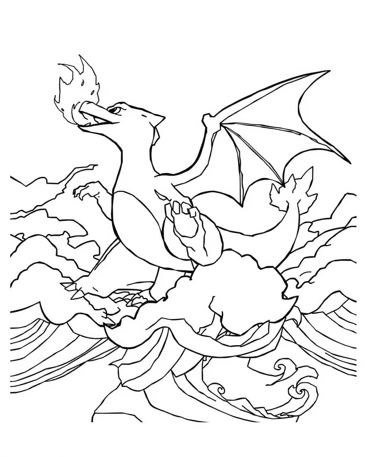 Charizard Soaring Above a Stormy Ocean Coloring Page