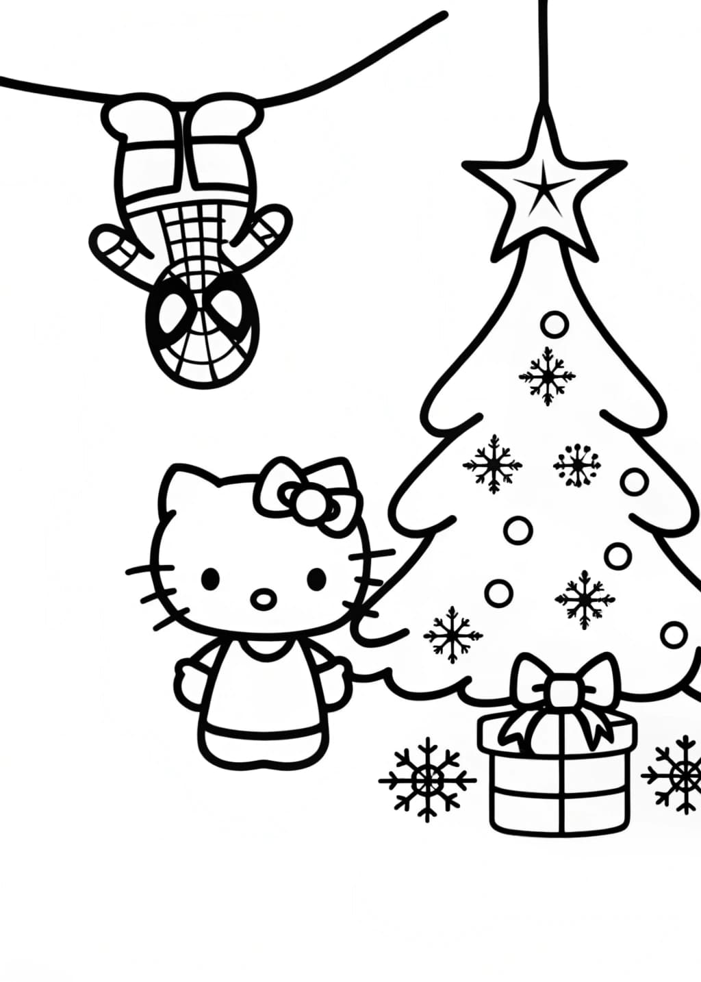 Christmas Spiderman And Hello Kitty Coloring Sheet