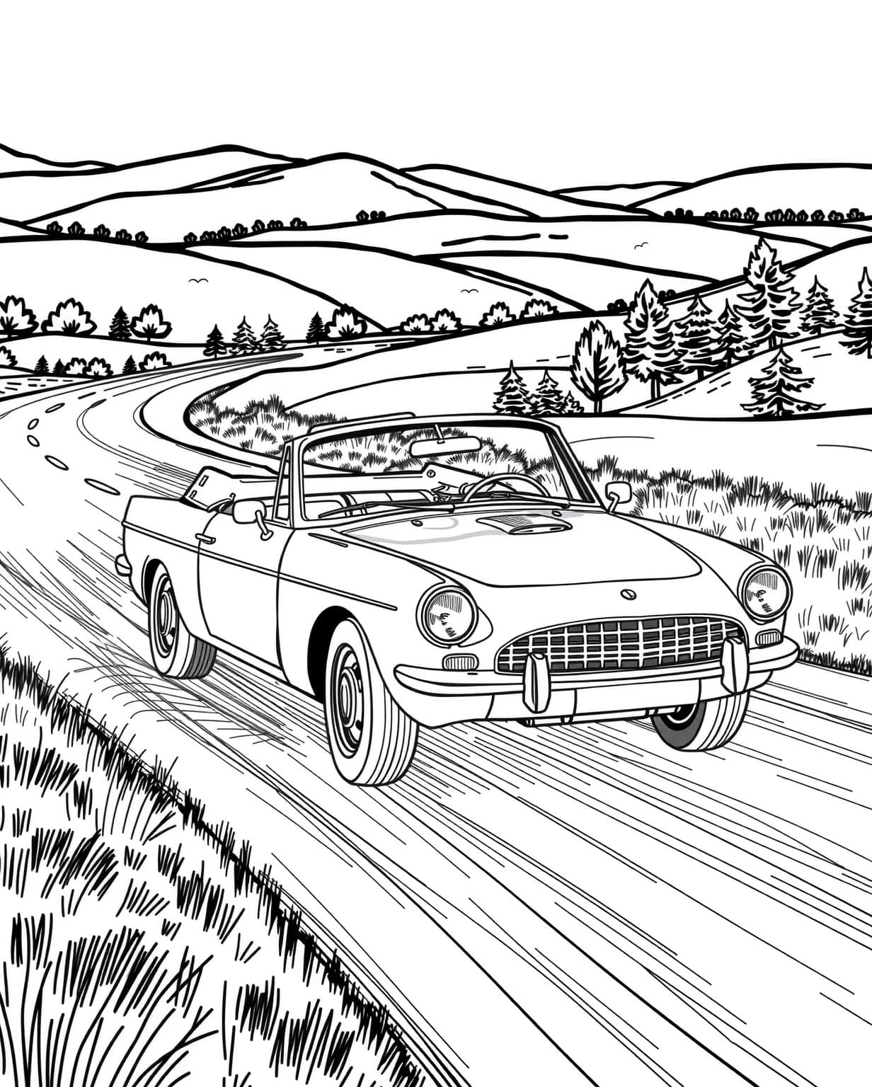 Classic Convertible on Scenic Road Coloring Page